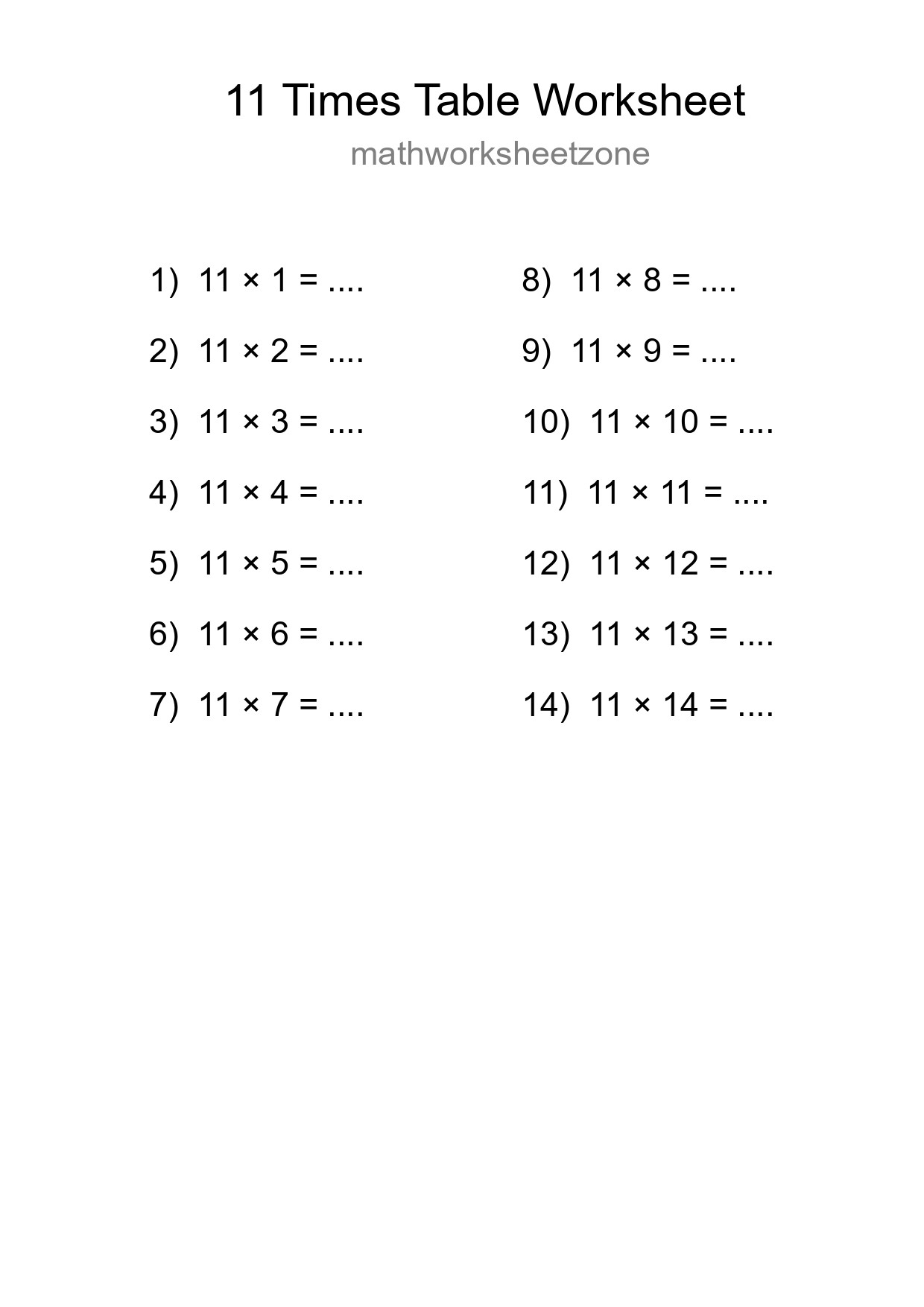11 Times Table Worksheet For Grade 4 - Part 9