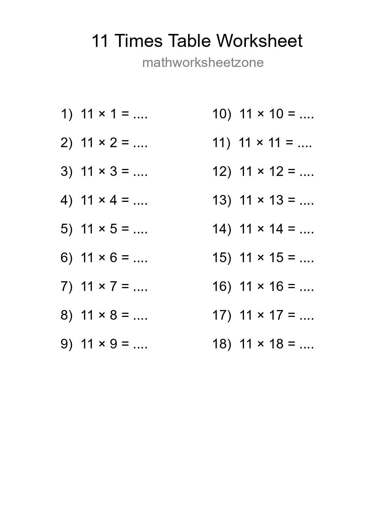 11 Times Table Worksheet For Grade 4 With Answers - Part 89