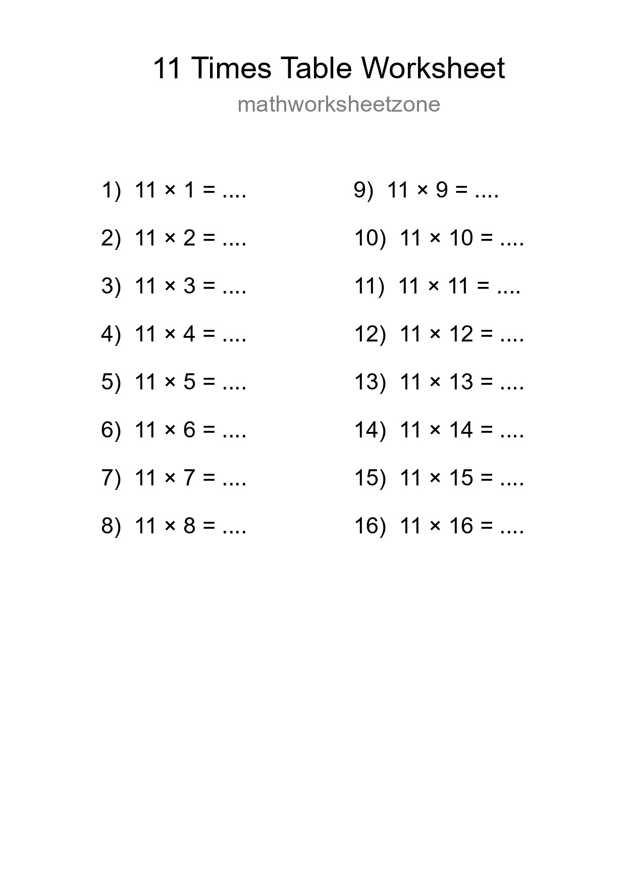 11 Times Table Worksheet For Grade 4 With Answers - Part 99