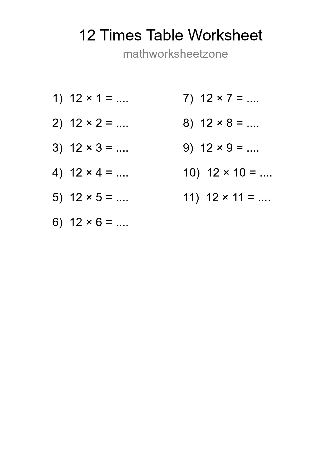 12 Times Table Worksheet For Grade 4 - Part 199