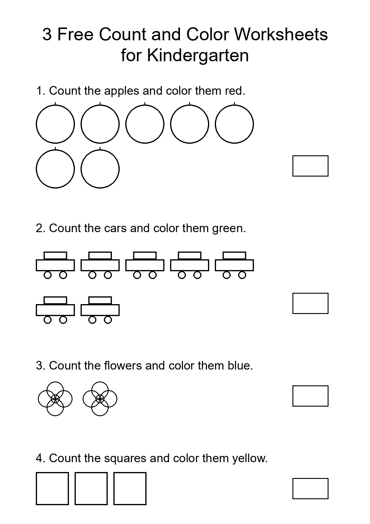 3 Free Count and Color Worksheets for Kindergarten