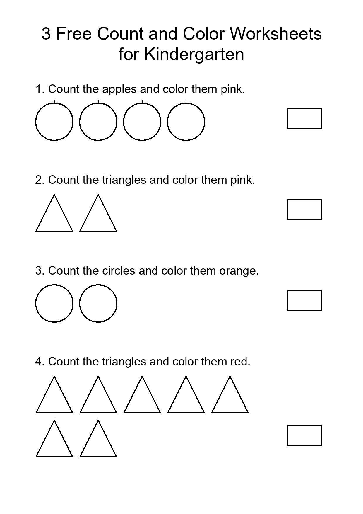 3 Free Count and Color Worksheets for Kindergarten