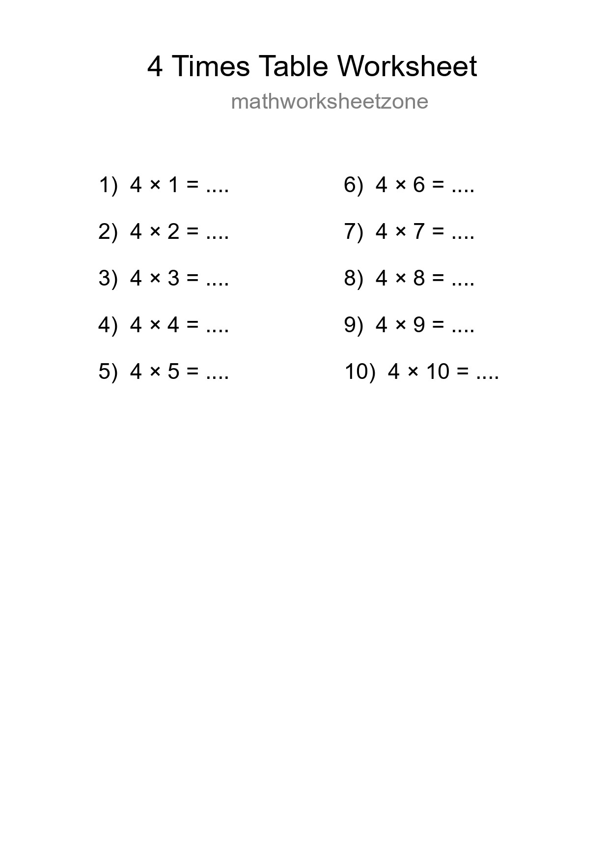 4 Times Table Worksheet For Grade 2 With Answers - Part 29