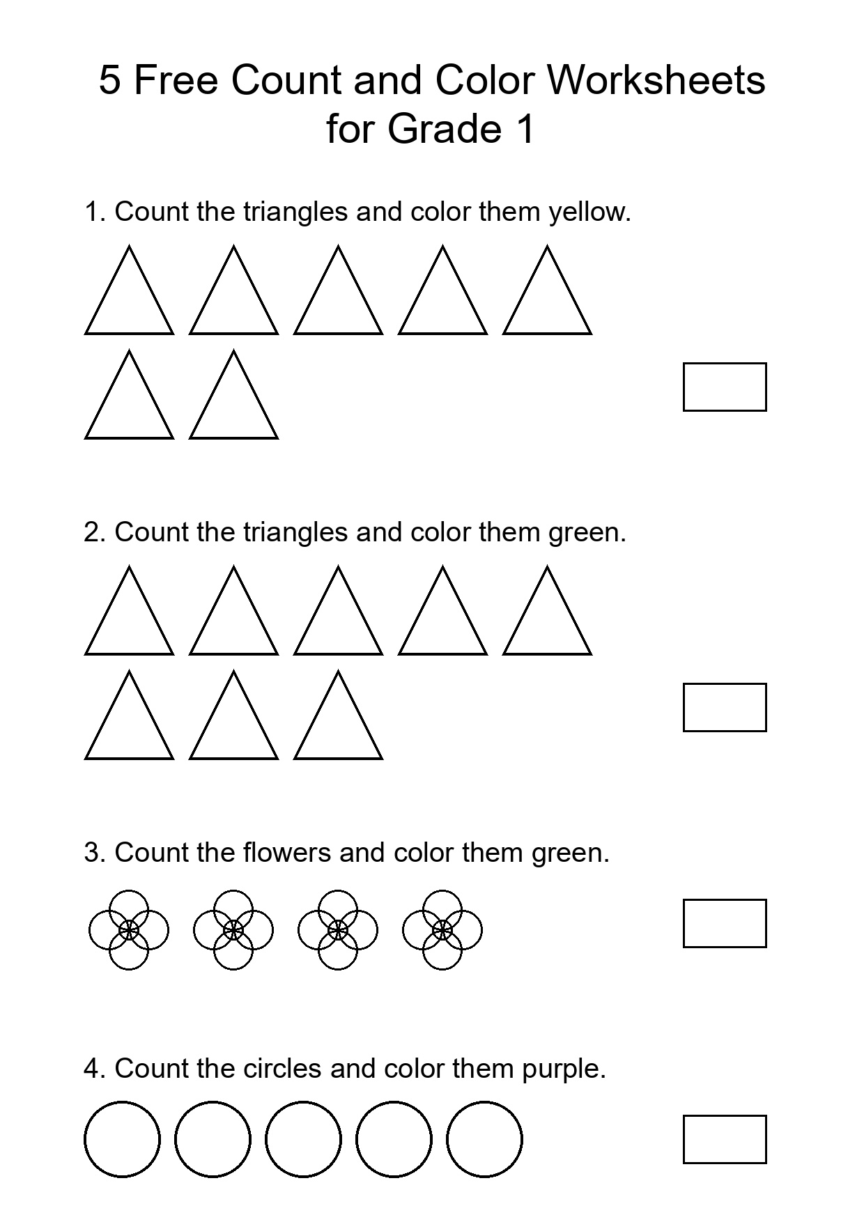 5 Free Count and Color Worksheets for Grade 1
