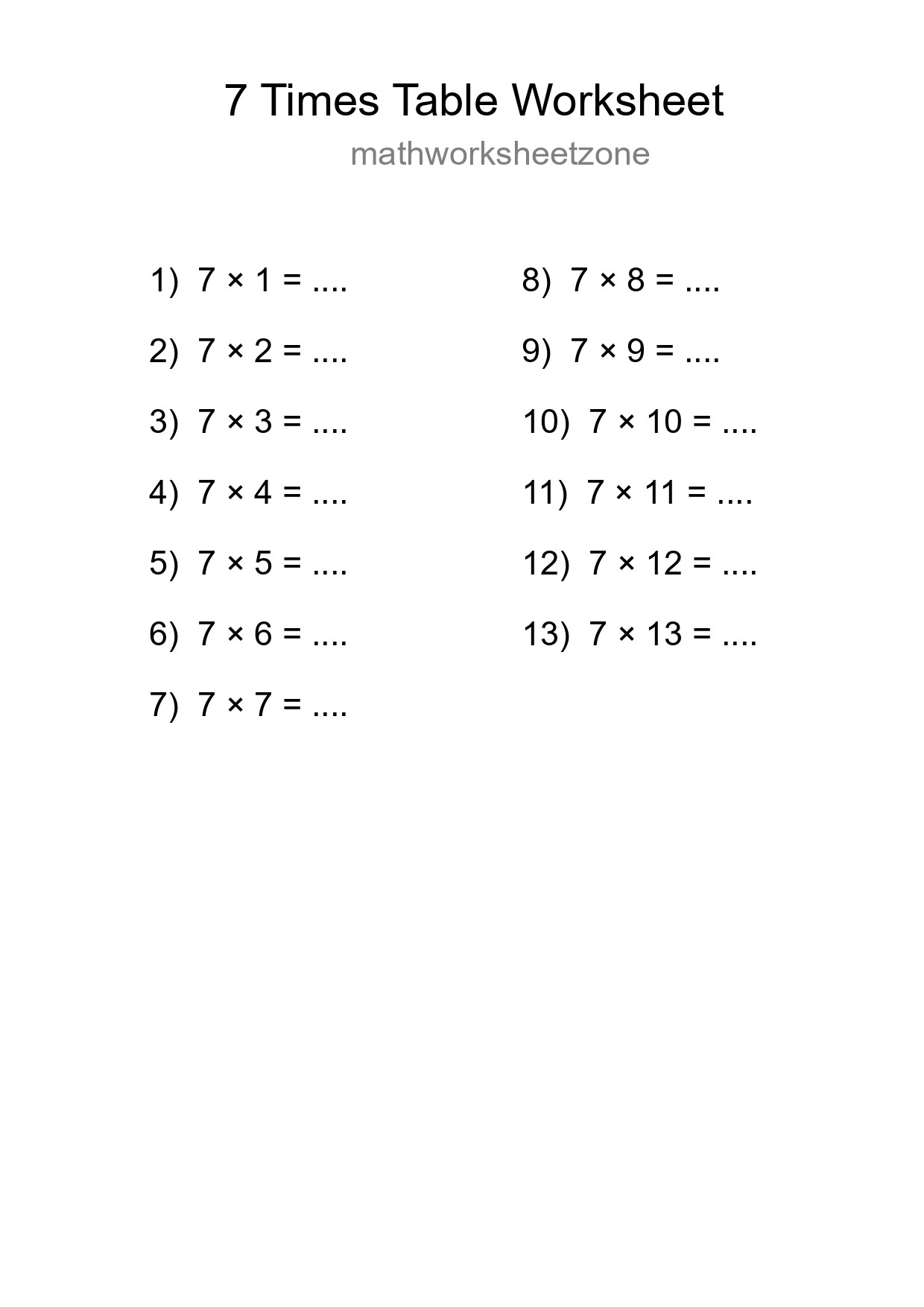 7 Times Table Worksheet For Grade 3 With Answers - Part 109
