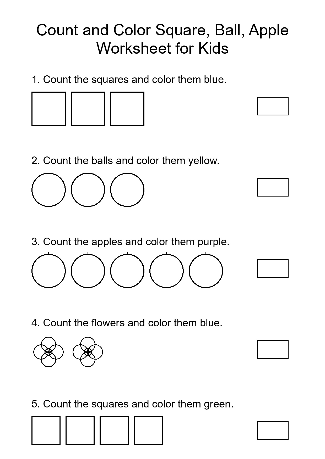 Count and Color Square, Ball, Apple Worksheet for Kids