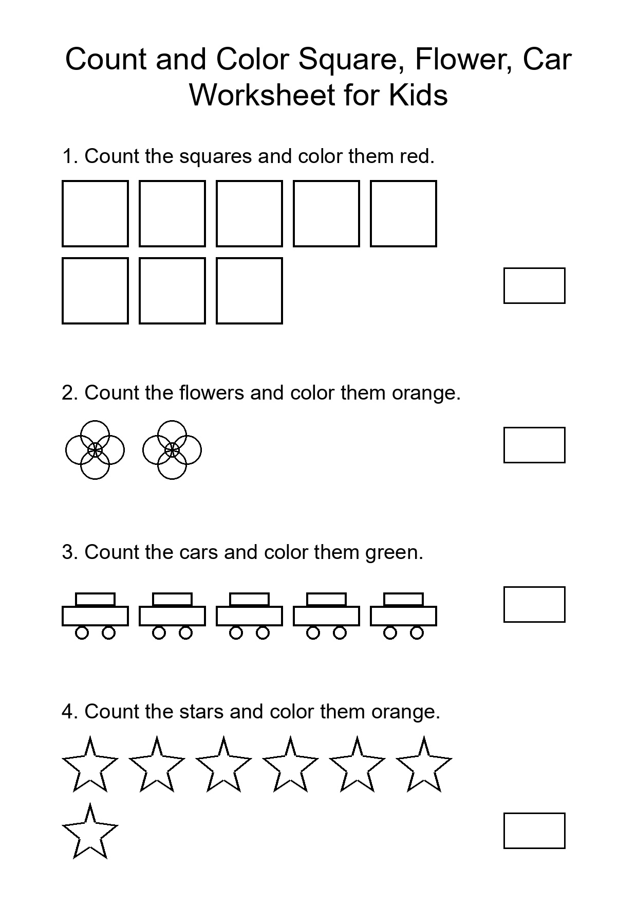 Count and Color Square, Flower, Car Worksheet for Kids
