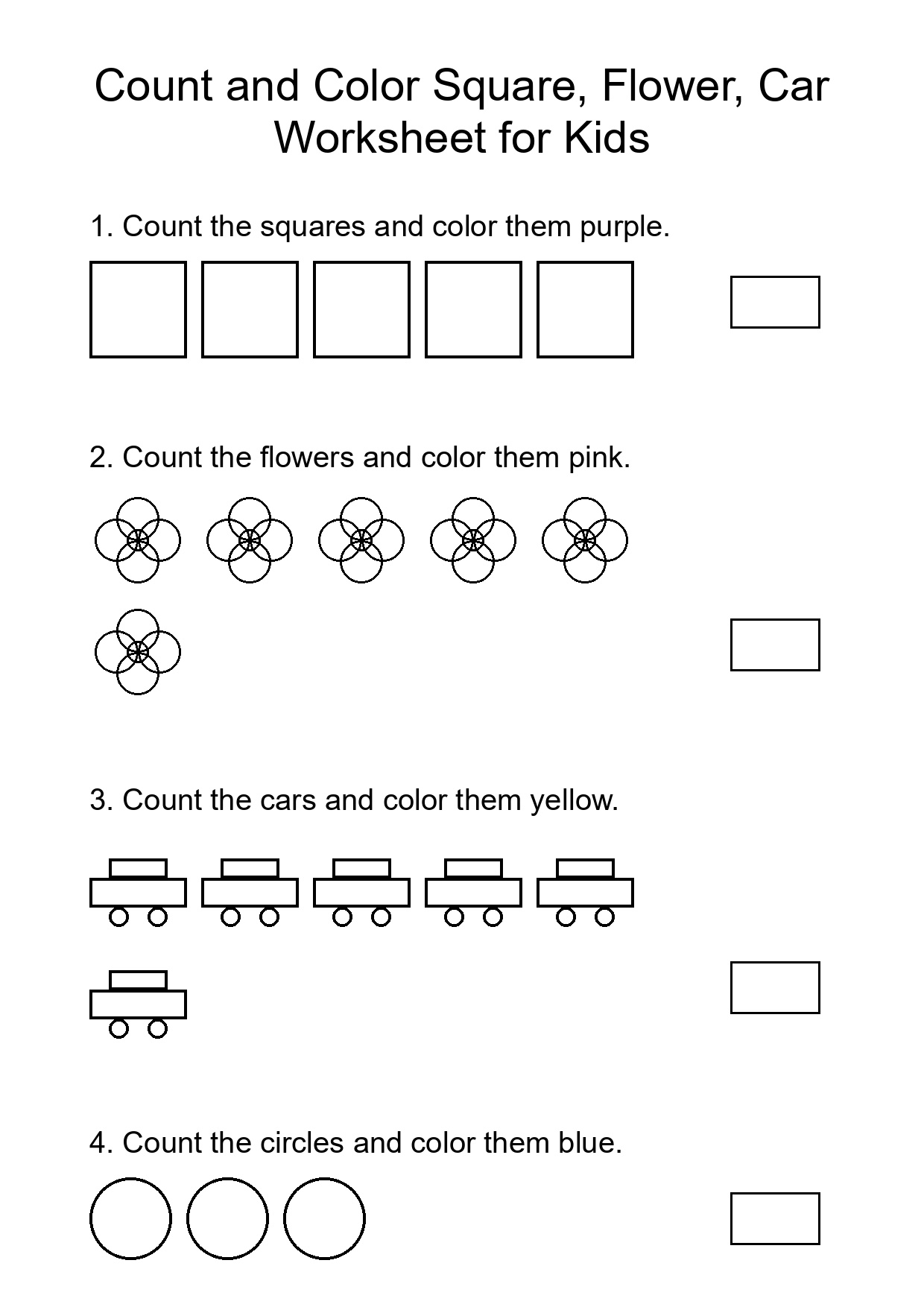 Count and Color Square, Flower, Car Worksheet for Kids
