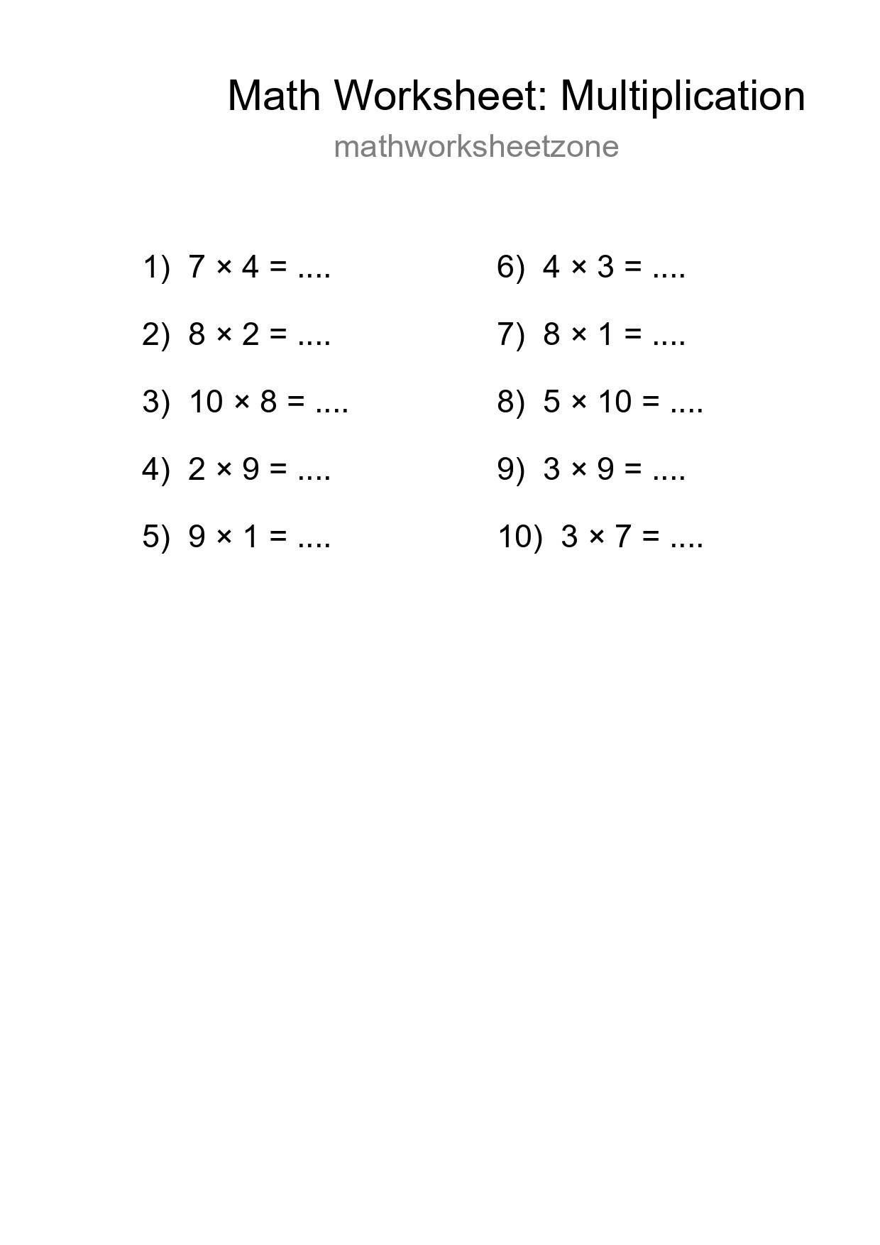 Free 10 Multiplication Math Worksheet For Grade 1 With Answers - Part 227