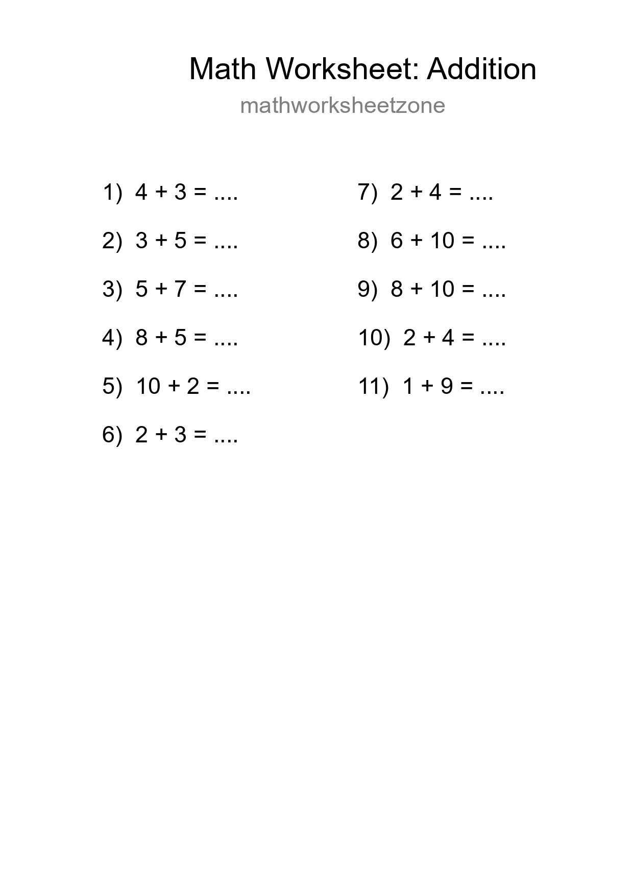 Free 11 Addition Math Worksheet For Grade 1 With Answers - Part 211