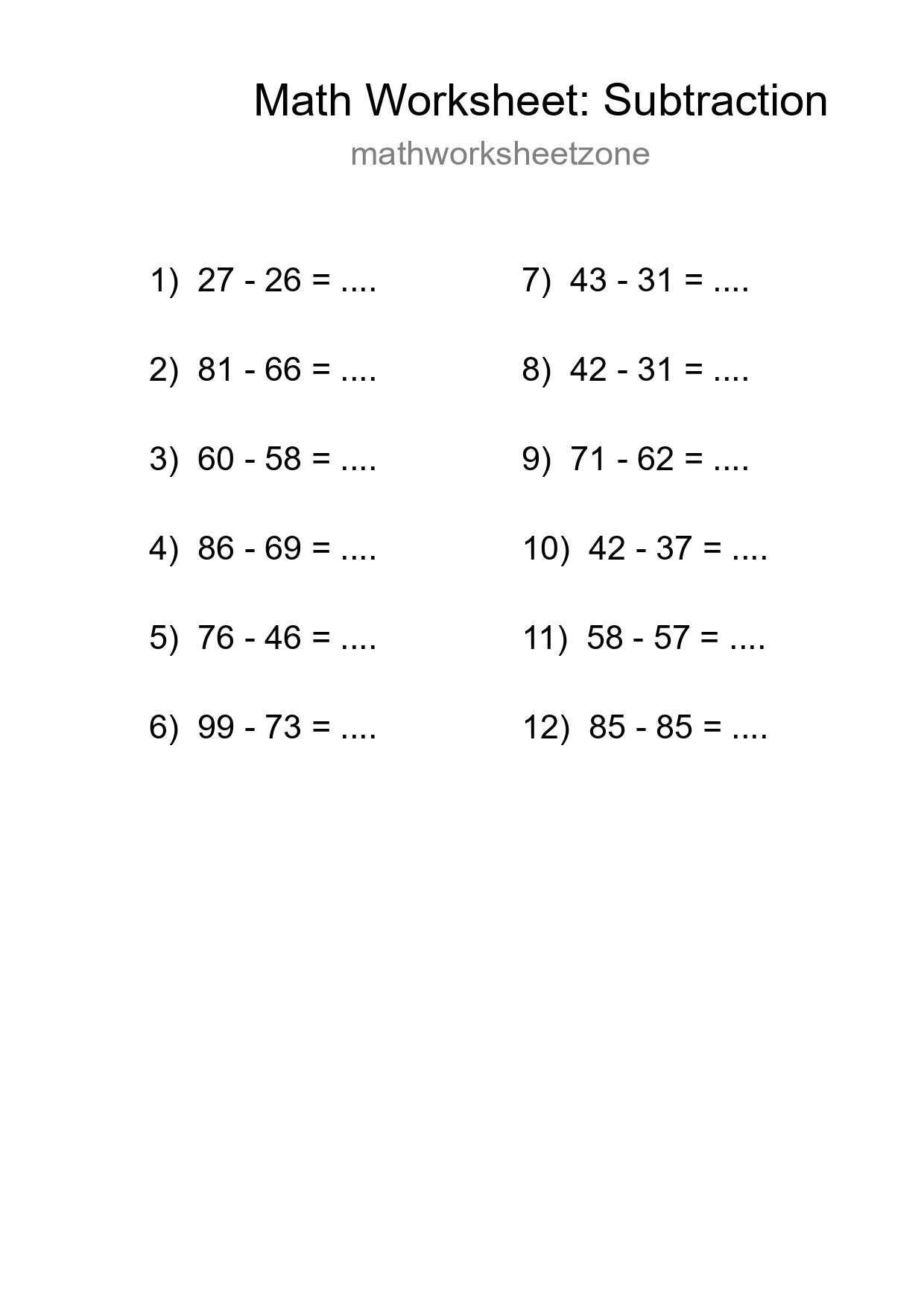 Free 12 Subtraction Math Worksheet For Grade 3 - Part 188
