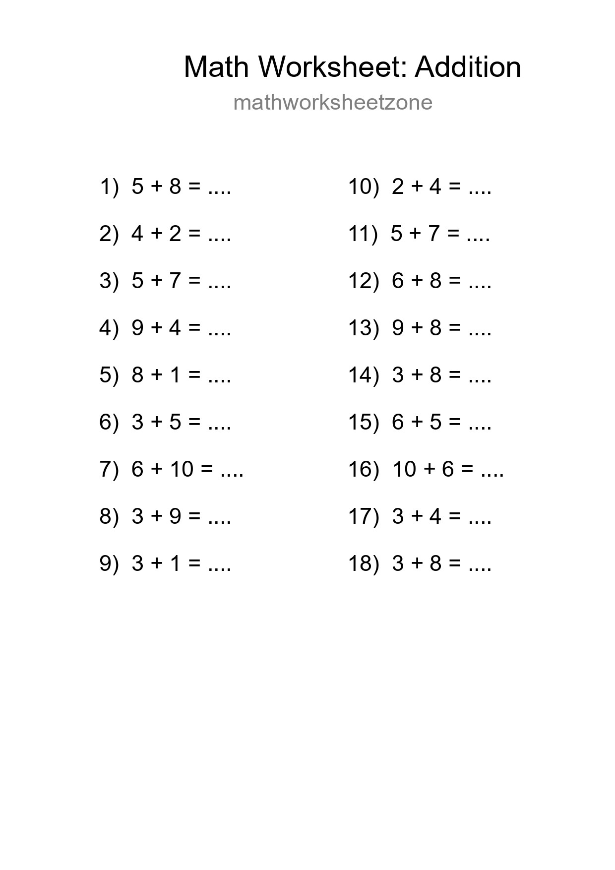 Free 18 Addition Math Worksheet For Grade 1 - Part 161