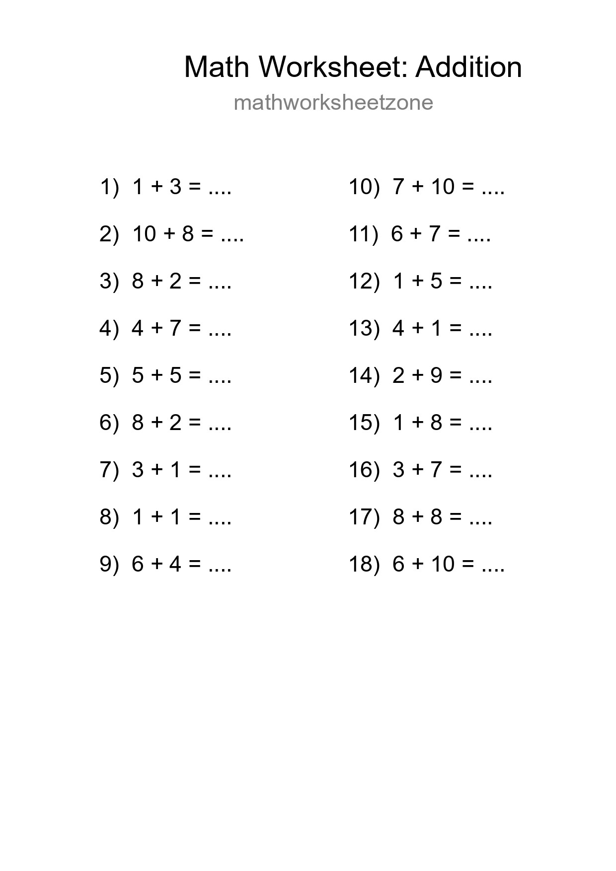 Free 18 Addition Math Worksheet For Grade 1 - Part 91