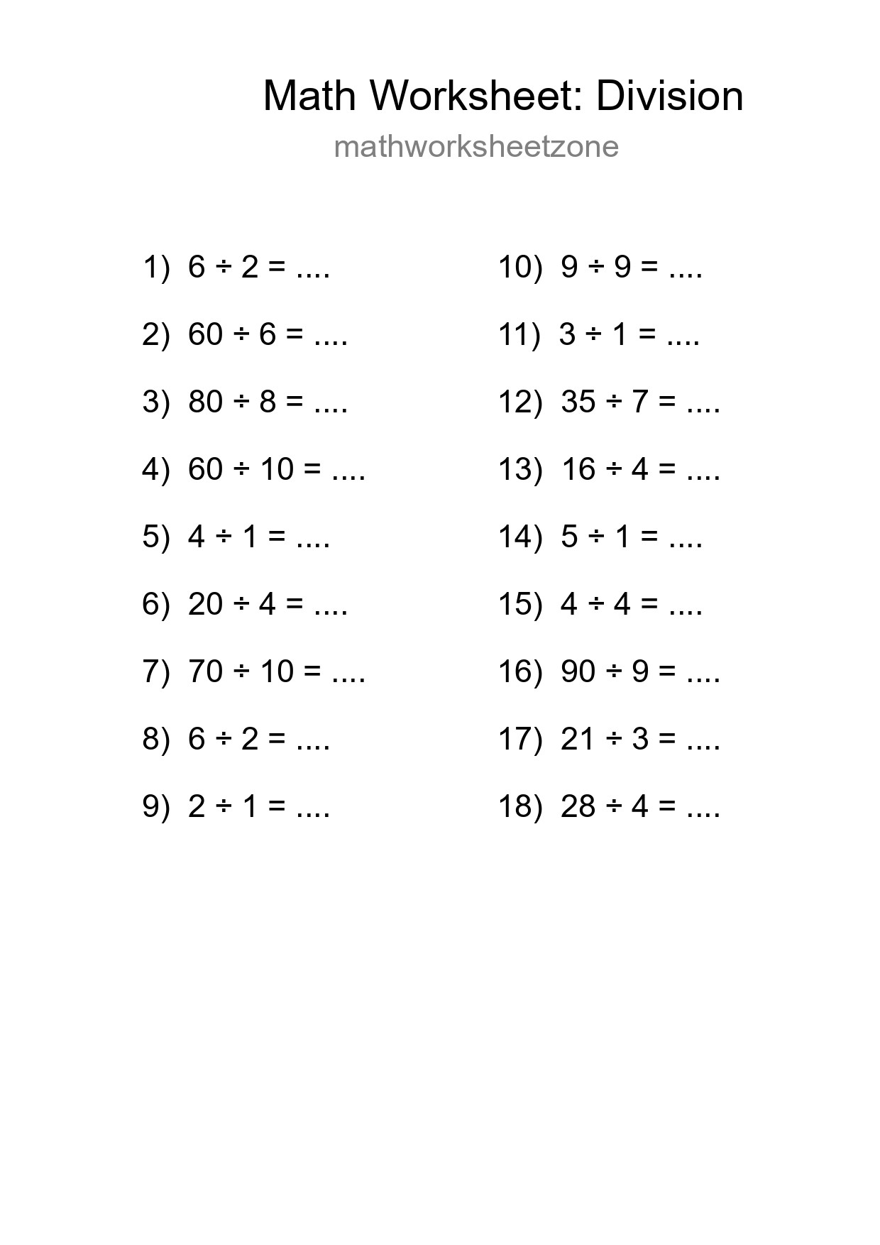Free 18 Division Math Worksheet For Grade 1 With Answers - Part 254