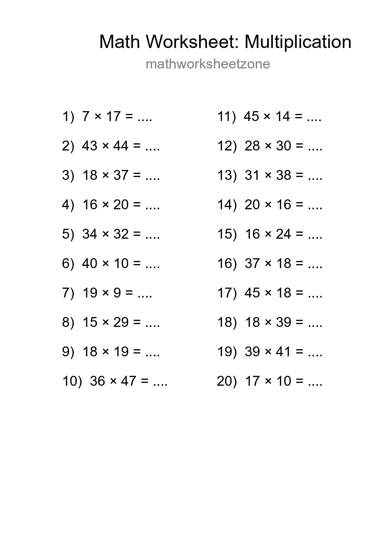 Free 20 Multiplication Math Worksheet For Grade 2 - Part 217