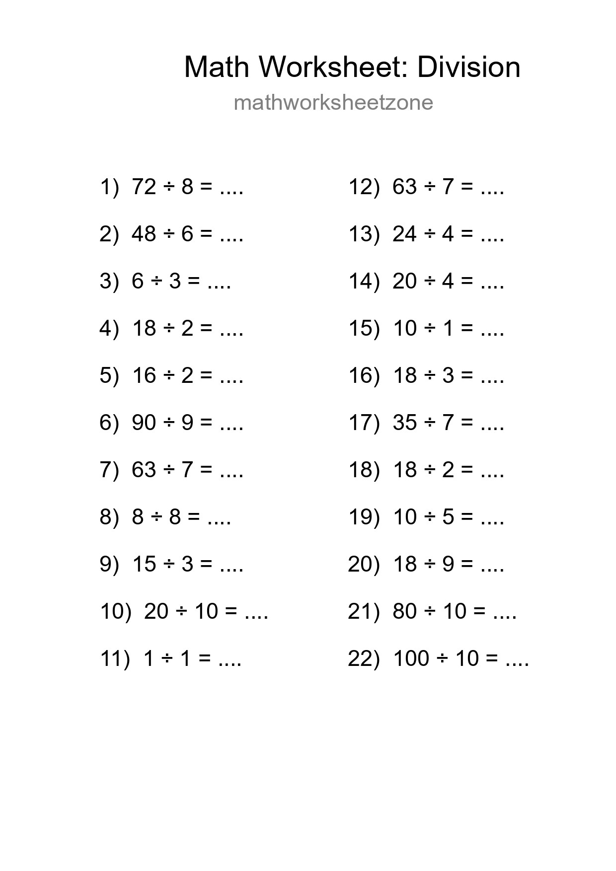 Free 22 Division Math Worksheet For Grade 1 With Answers - Part 184