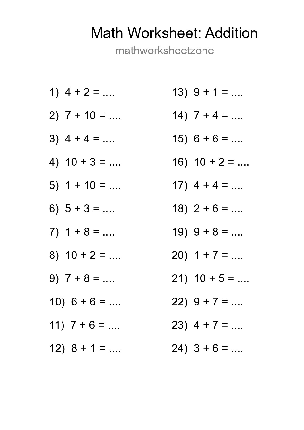 Free 24 Addition Math Worksheet For Grade 1 - Part 181