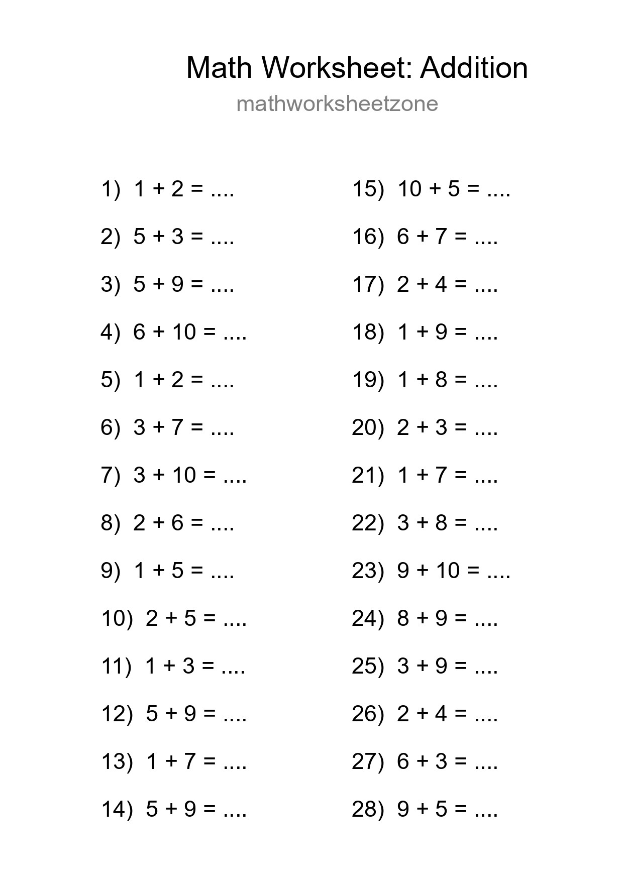 Free 28 Addition Math Worksheet For Grade 1 - Part 241
