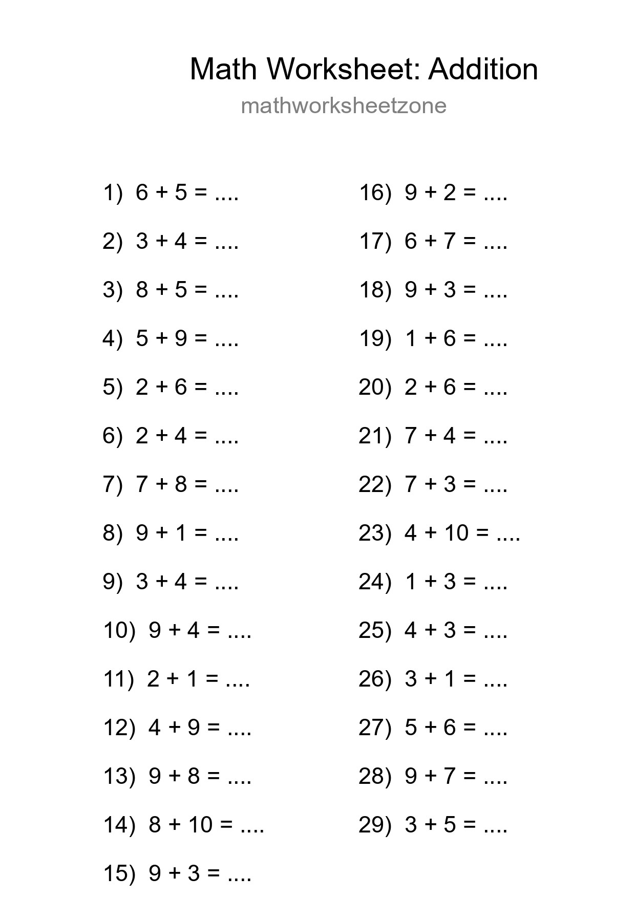 Free 29 Addition Math Worksheet For Grade 1 With Answers - Part 11