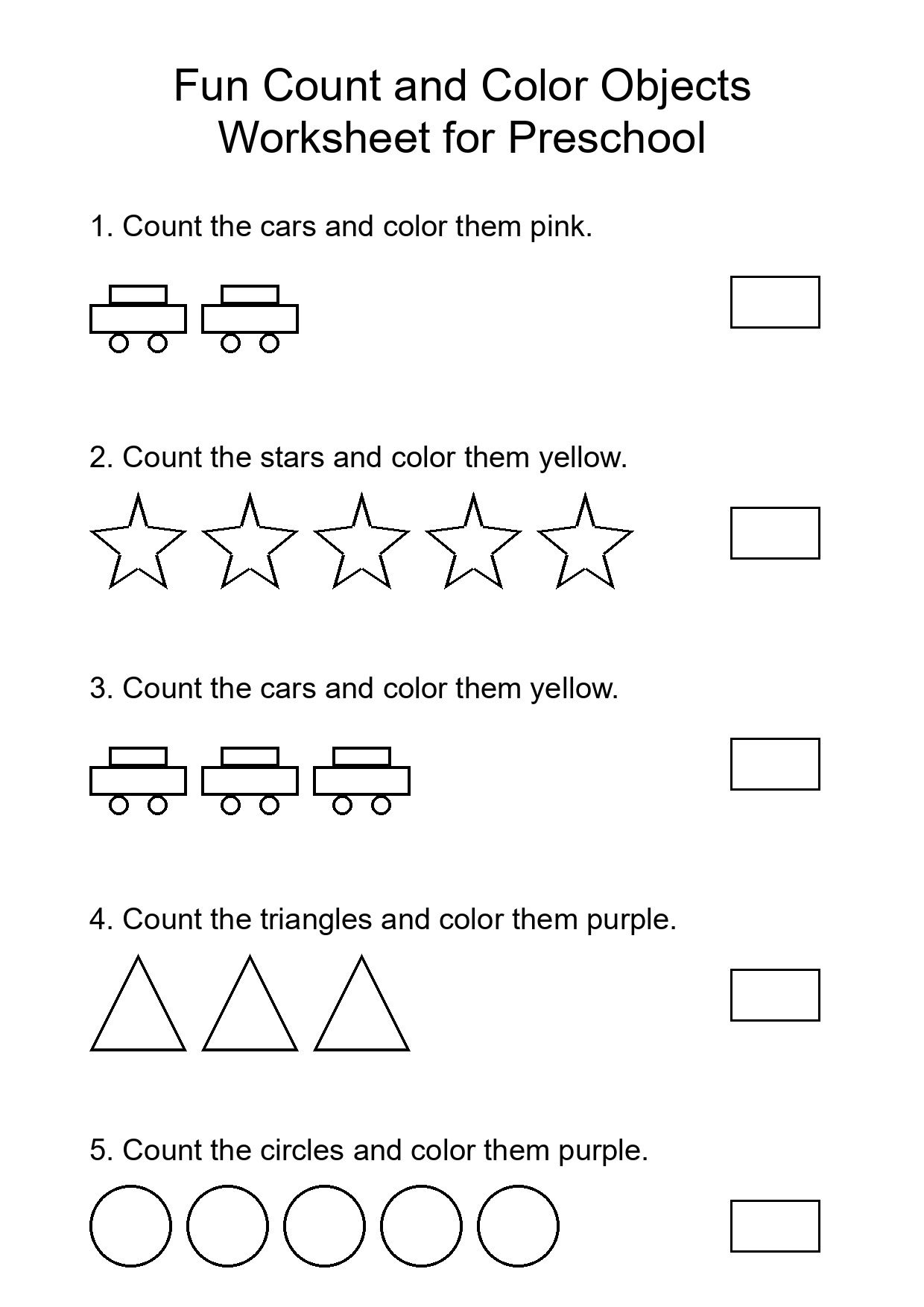 Fun Count and Color Objects Worksheet for Preschool