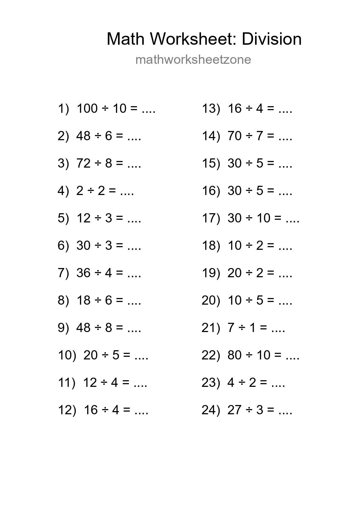 Grade 1 Division Practice Worksheet (24 Problems) - Part 224