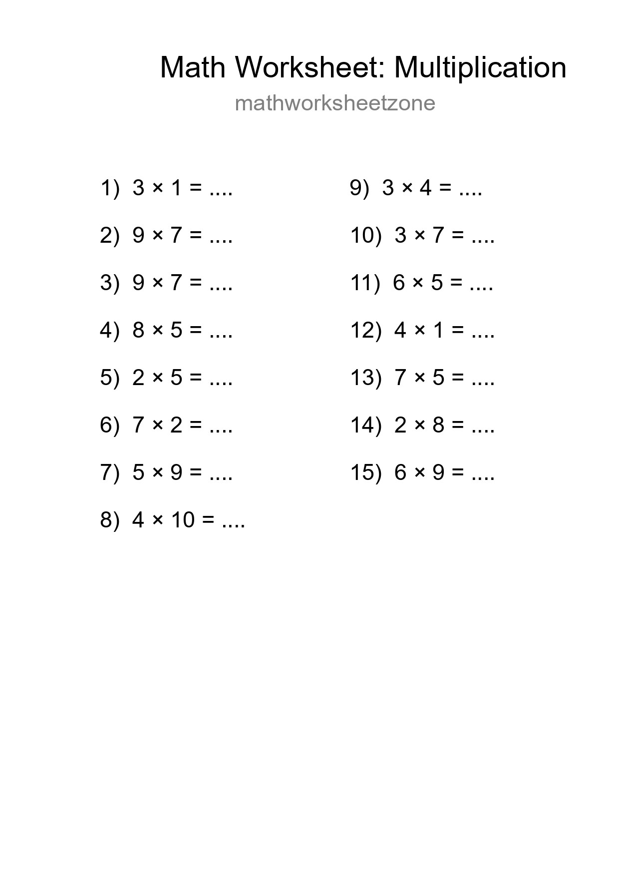 Grade 1 Multiplication Practice Worksheet (15 Problems) - Part 97