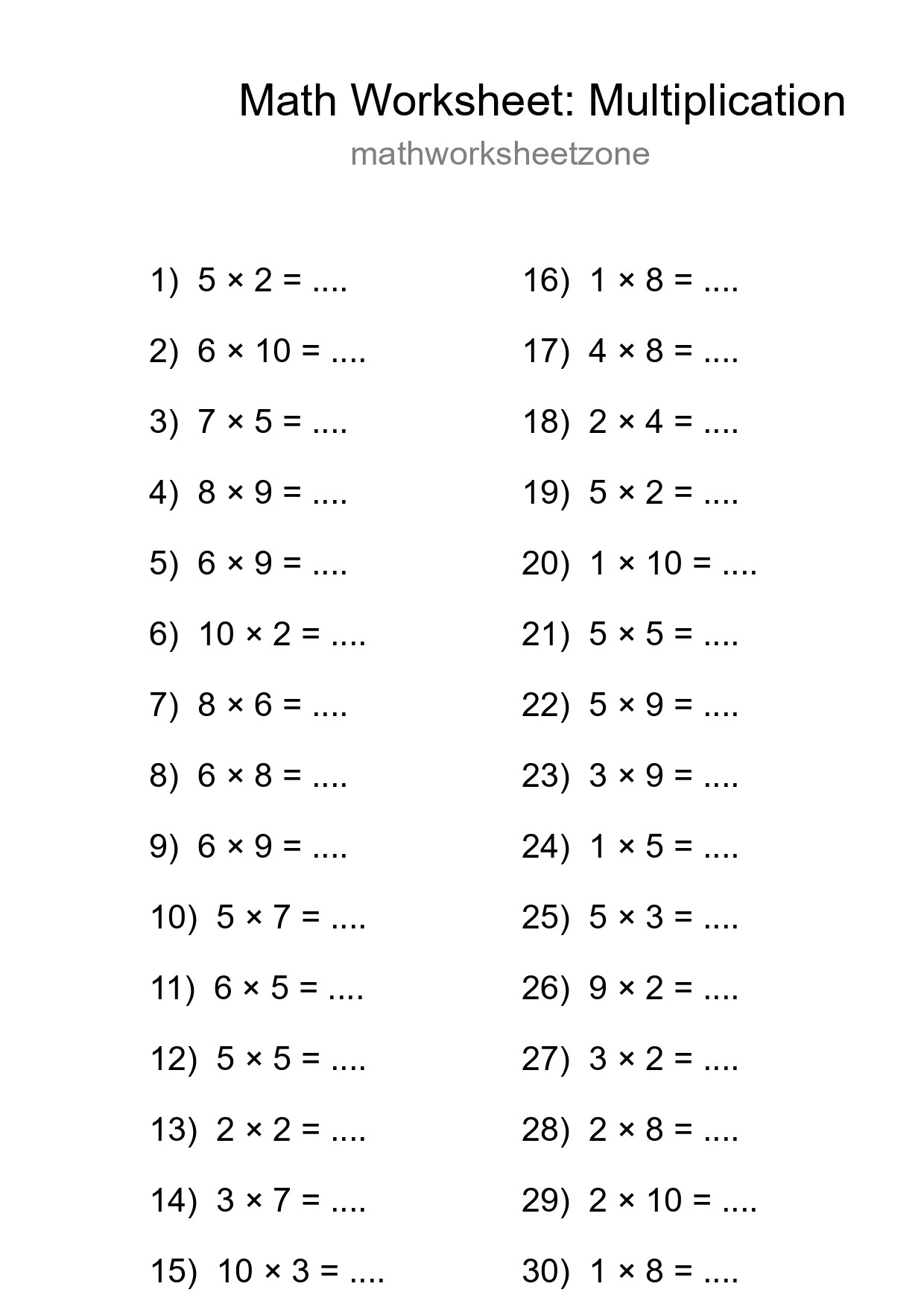 Grade 1 Multiplication Practice Worksheet (30 Problems) - Part 277
