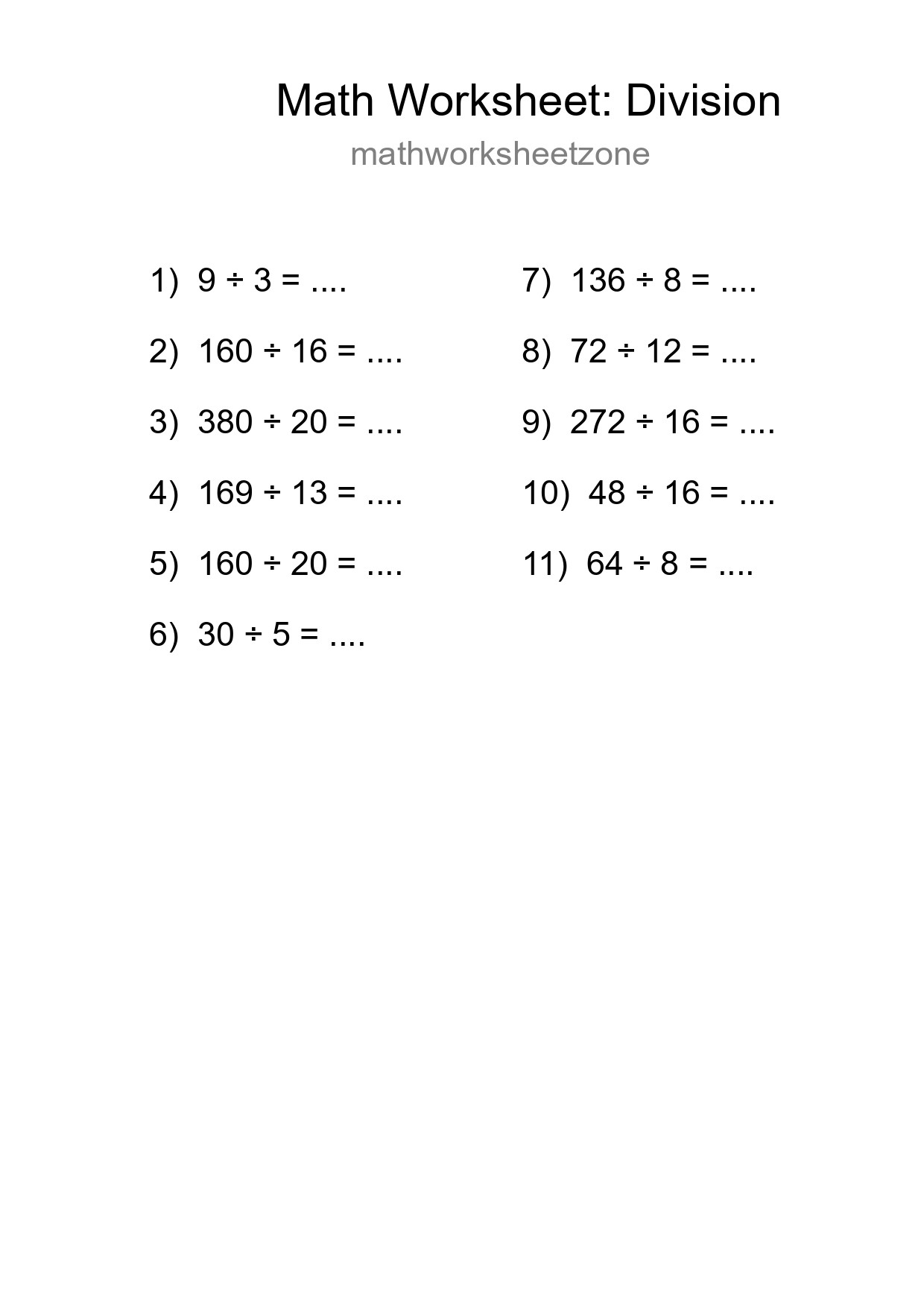 Grade 2 Division Practice Worksheet (11 Problems) - Part 14