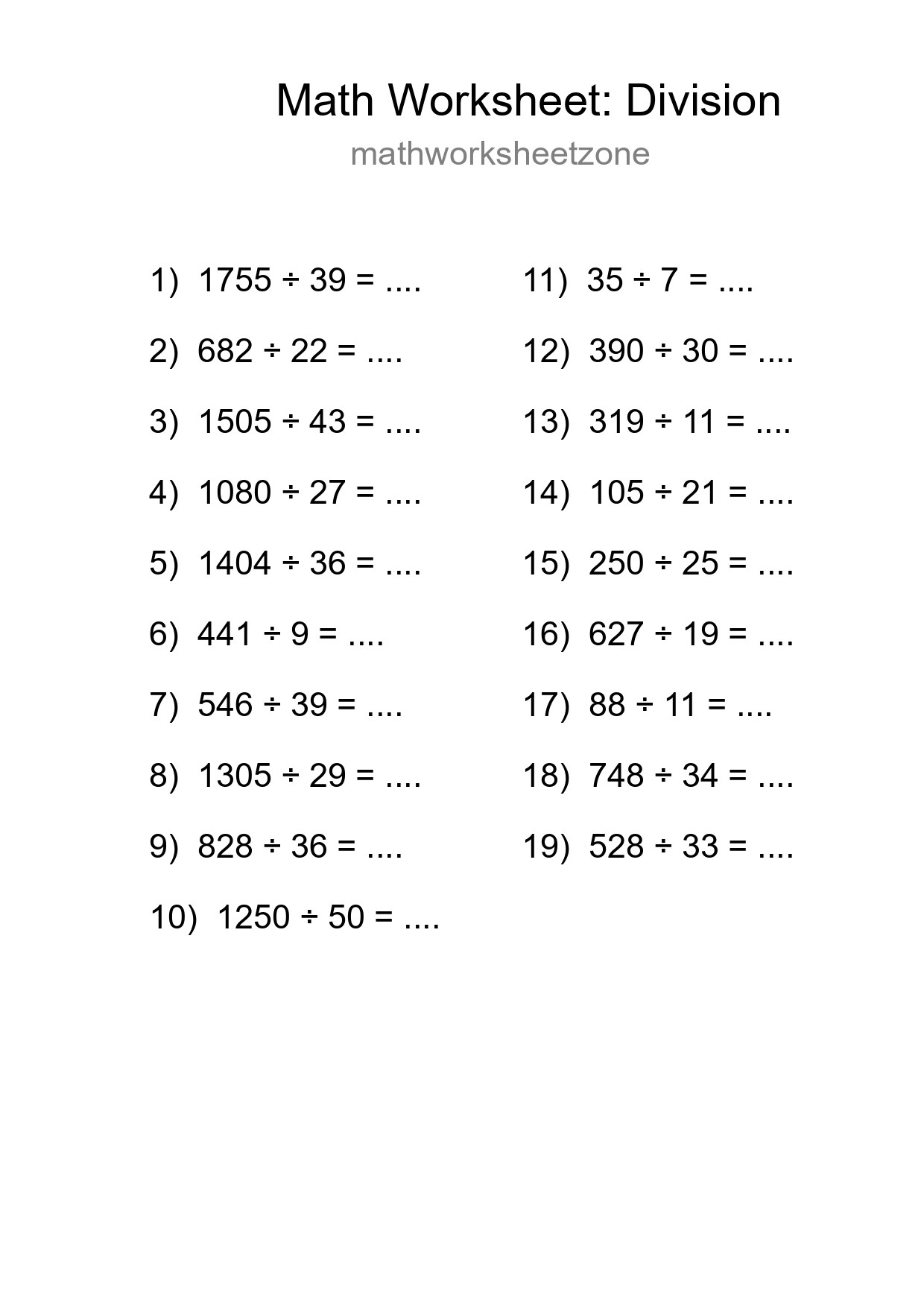 Grade 2 Division Practice Worksheet (19 Problems) - Part 274