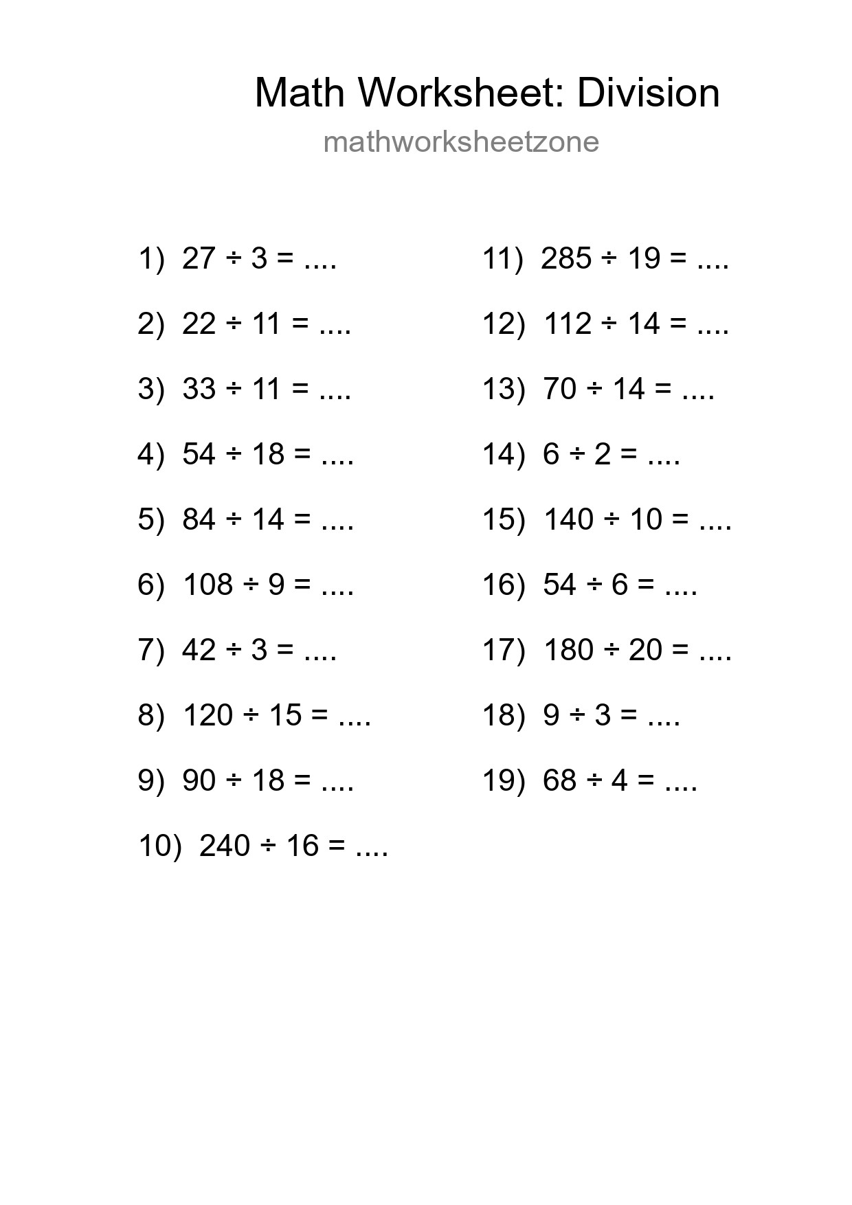 Grade 2 Division Practice Worksheet (19 Problems) - Part 84
