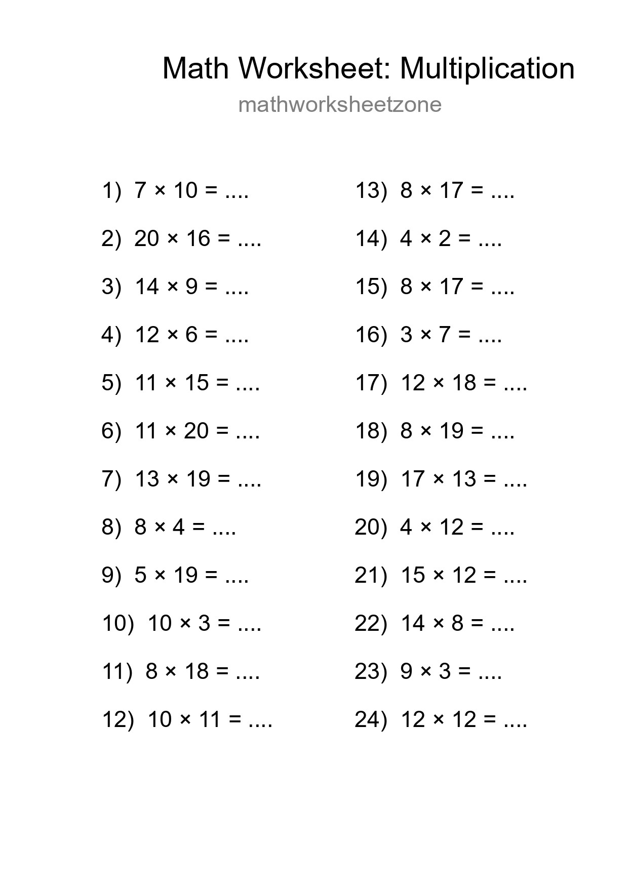 Grade 2 Multiplication Practice Worksheet (24 Problems) - Part 267