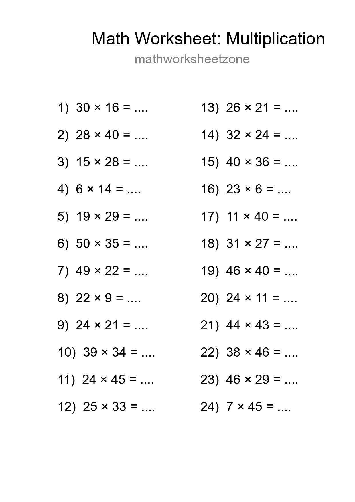 Grade 2 Multiplication Practice Worksheet (24 Problems) - Part 287