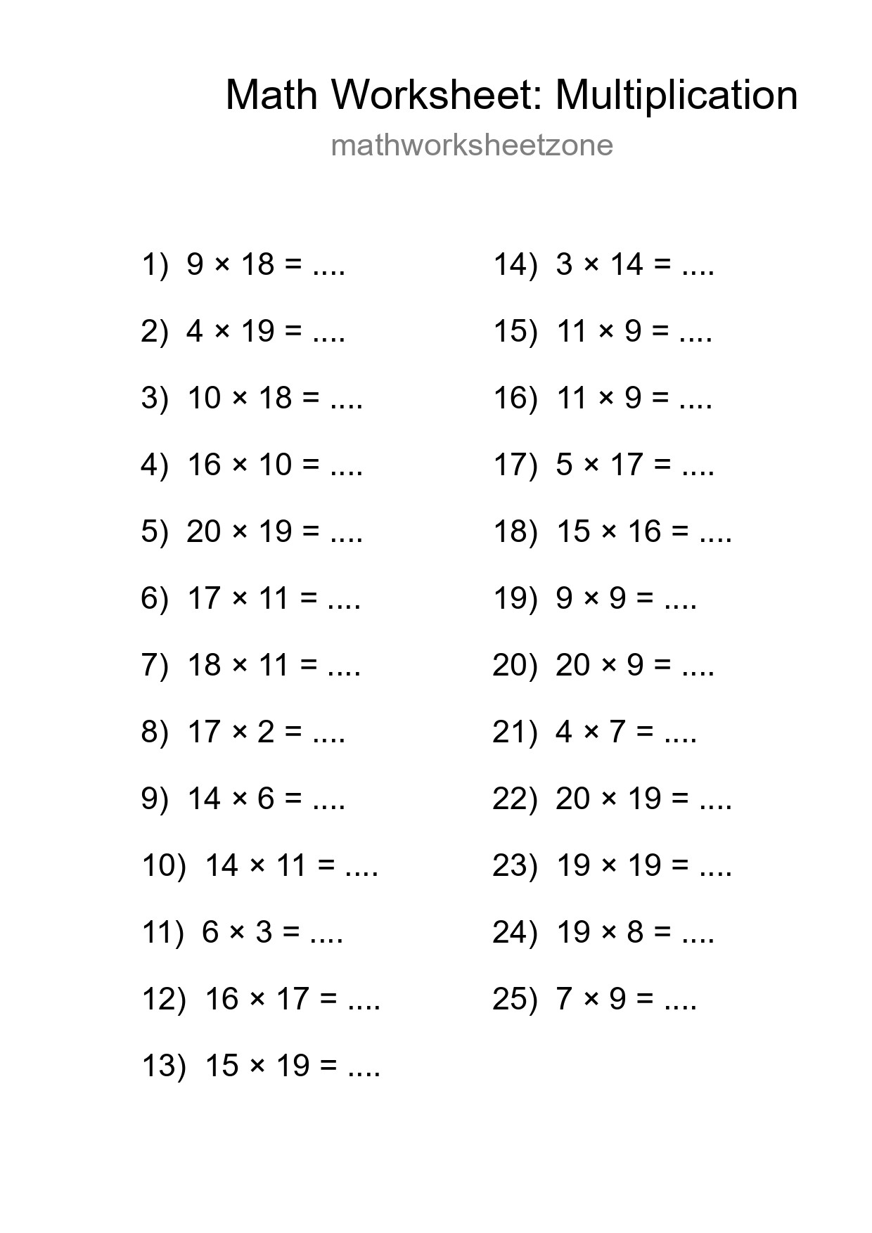 Grade 2 Multiplication Practice Worksheet (25 Problems) - Part 67
