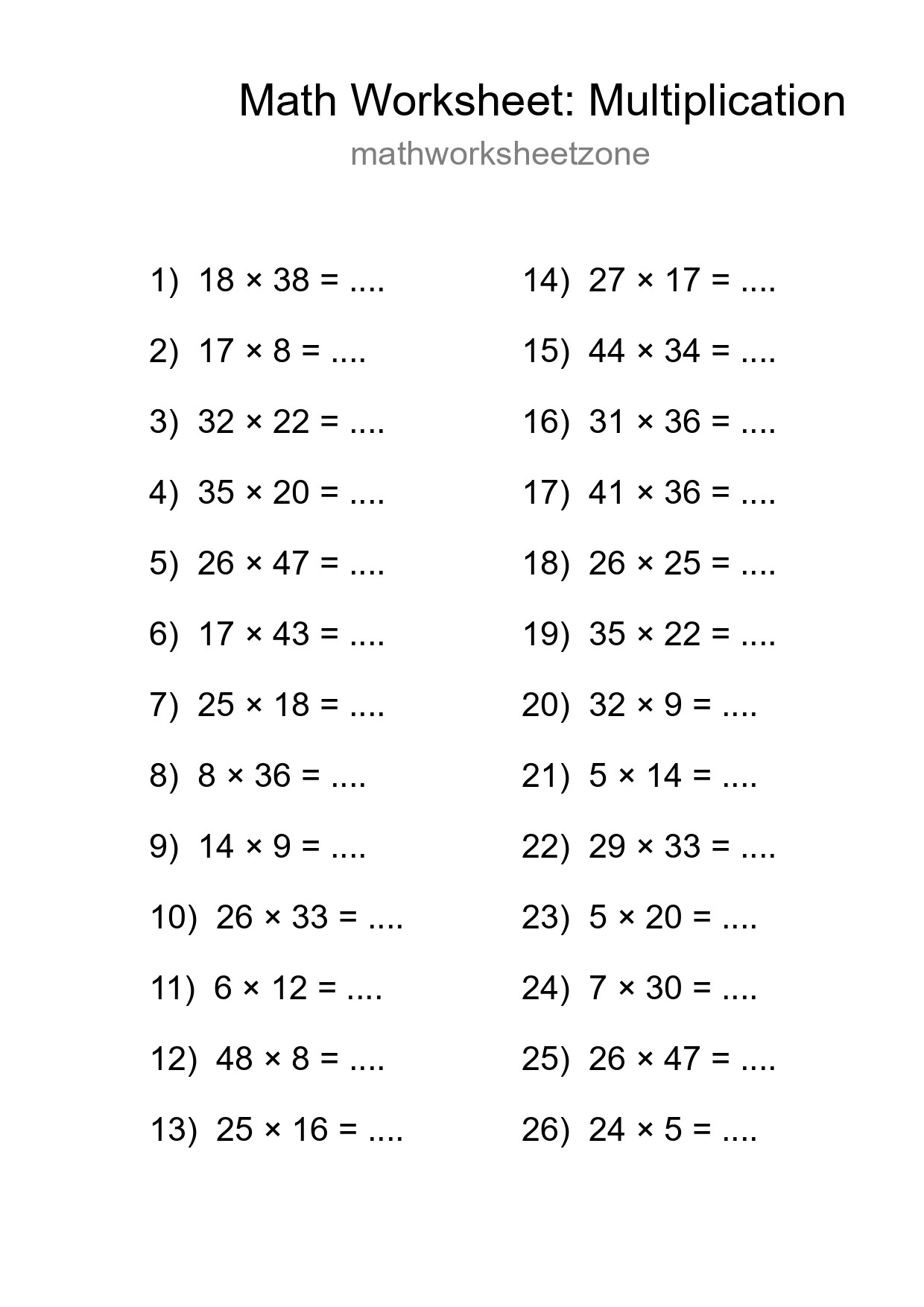 Grade 2 Multiplication Practice Worksheet (26 Problems) - Part 237
