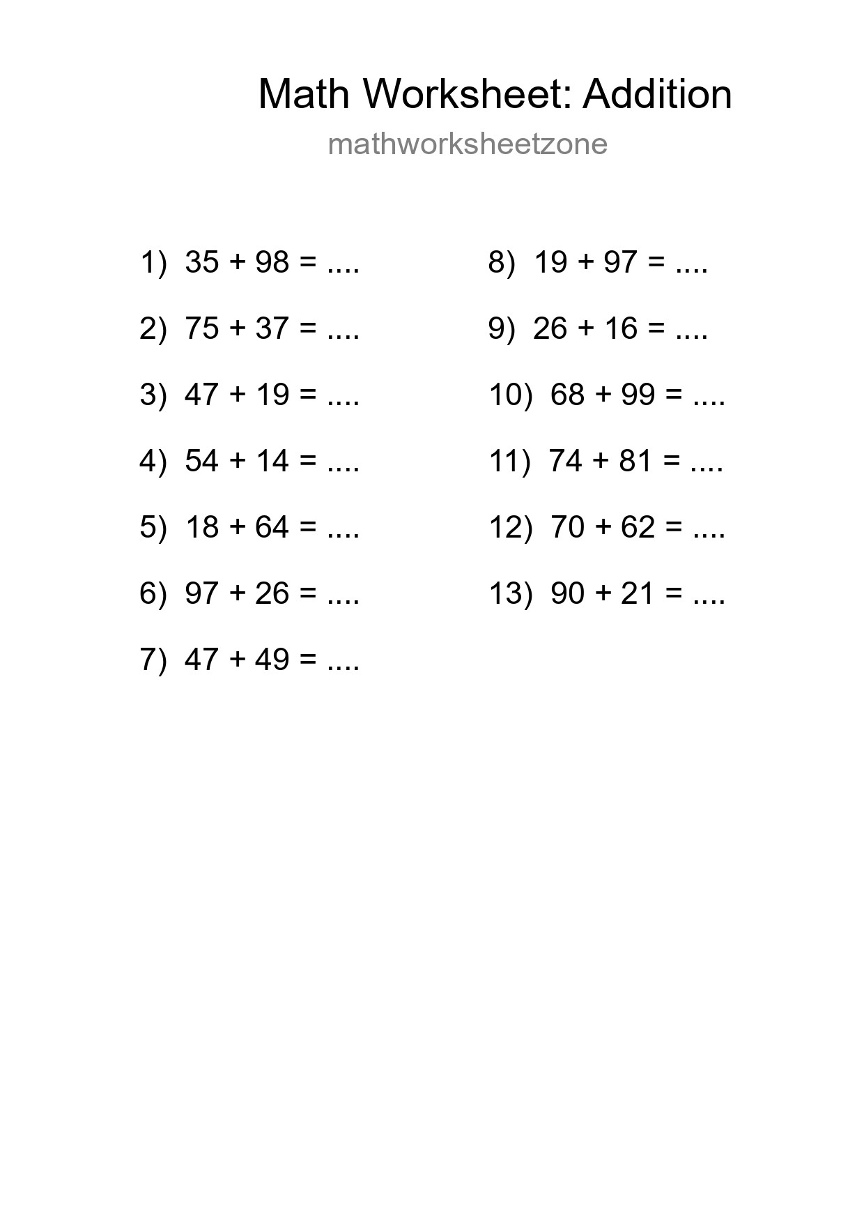 Grade 3 Addition Practice Worksheet (13 Problems) - Part 61
