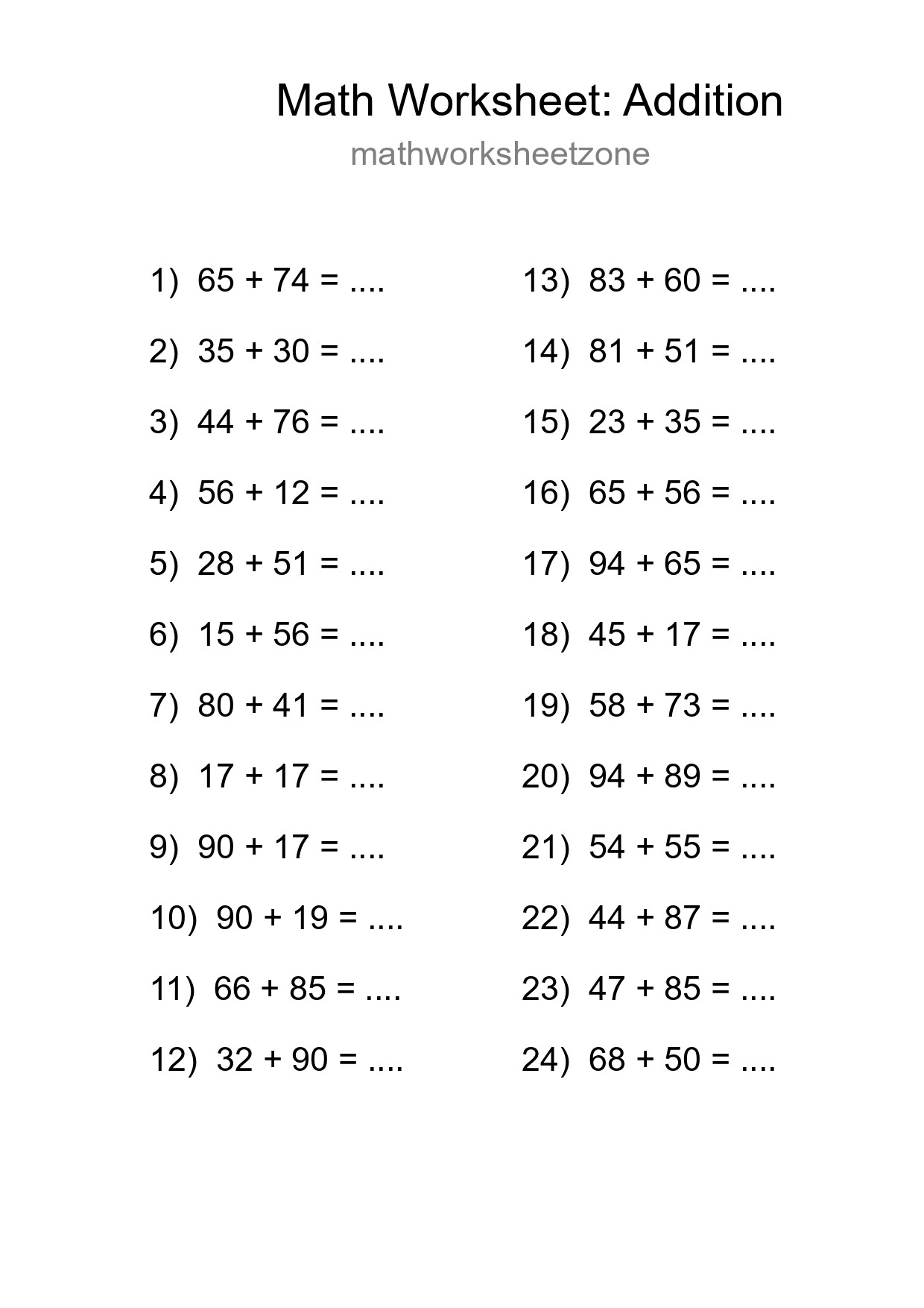 Grade 3 Addition Practice Worksheet (24 Problems) - Part 151
