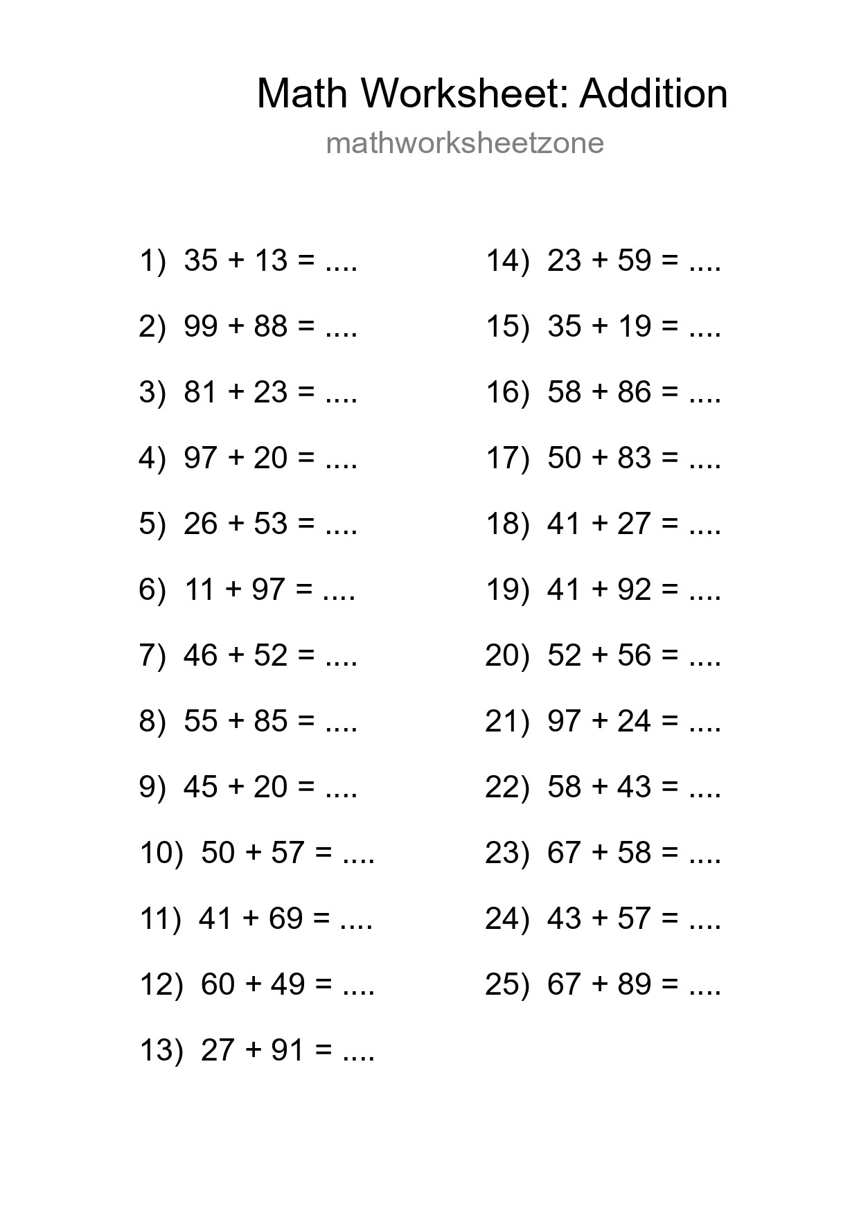 Grade 3 Addition Practice Worksheet (25 Problems) - Part 171