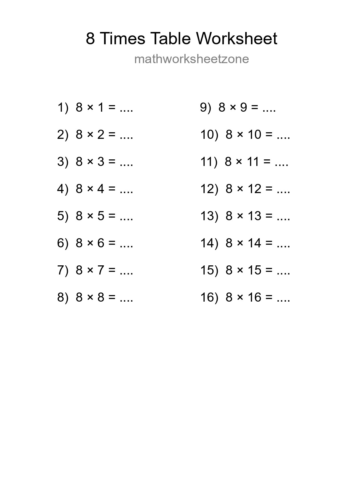 Grade 3 Multiplication Table 8 Practice - Part 19