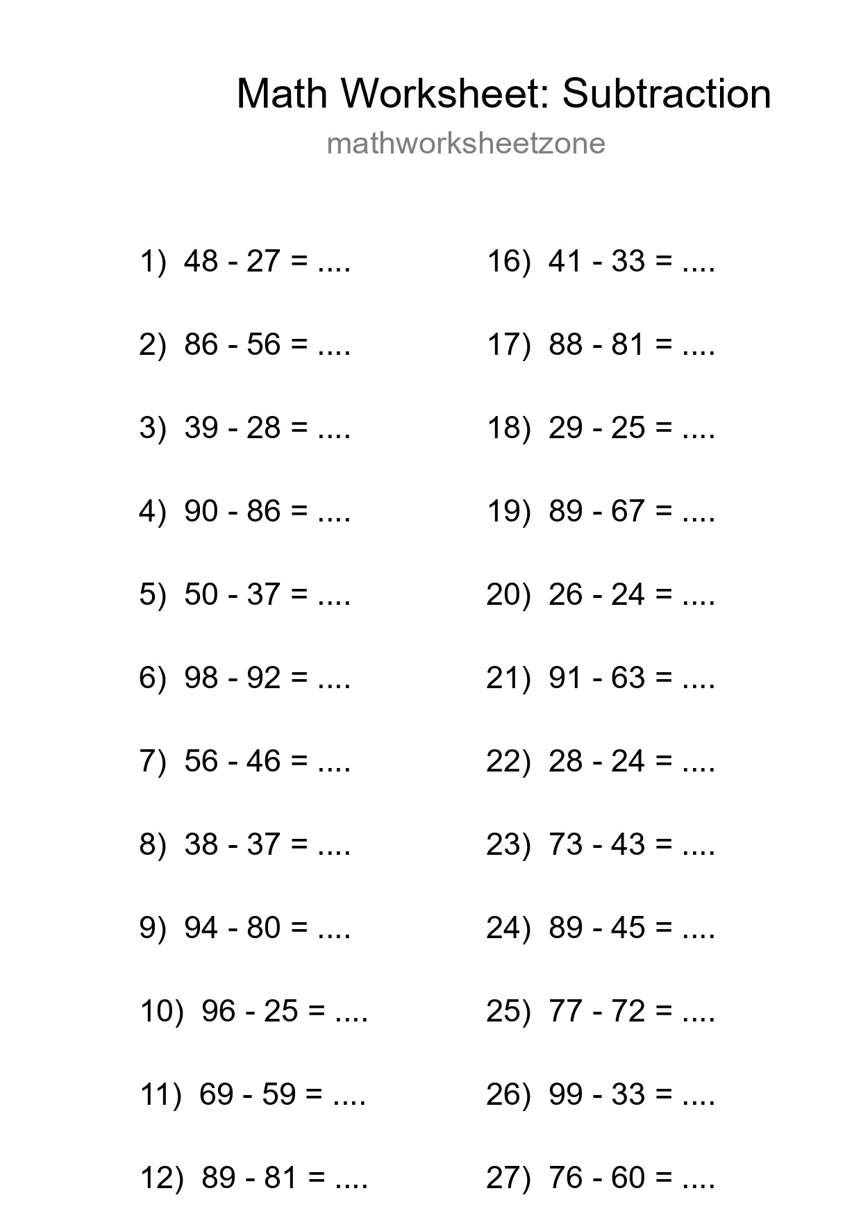 Grade 3 Subtraction Practice Worksheet (30 Problems) - Part 108