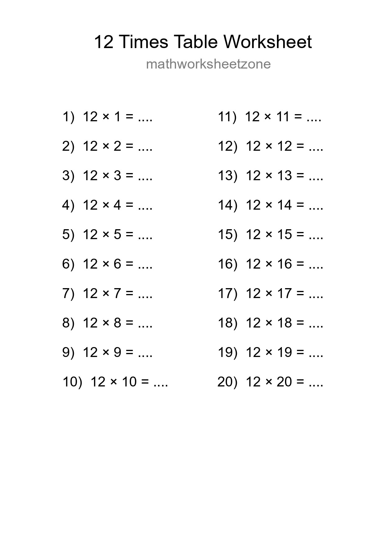 Grade 4 Multiplication Table 12 Practice - Part 39