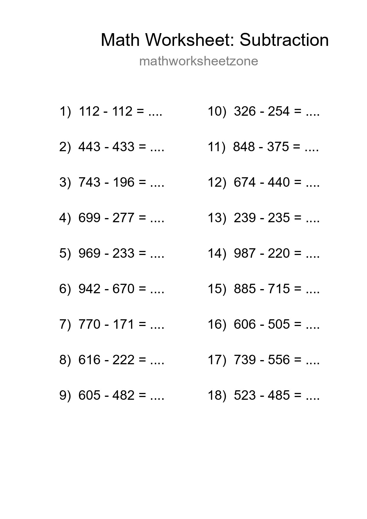 Grade 5 Subtraction Practice Worksheet (18 Problems) - Part 228