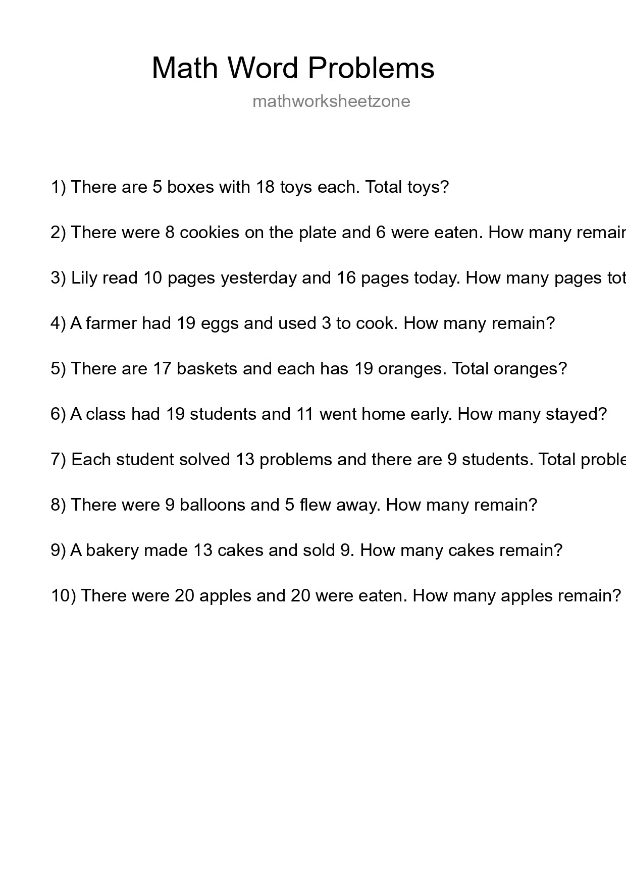 Math Word Problem Worksheet