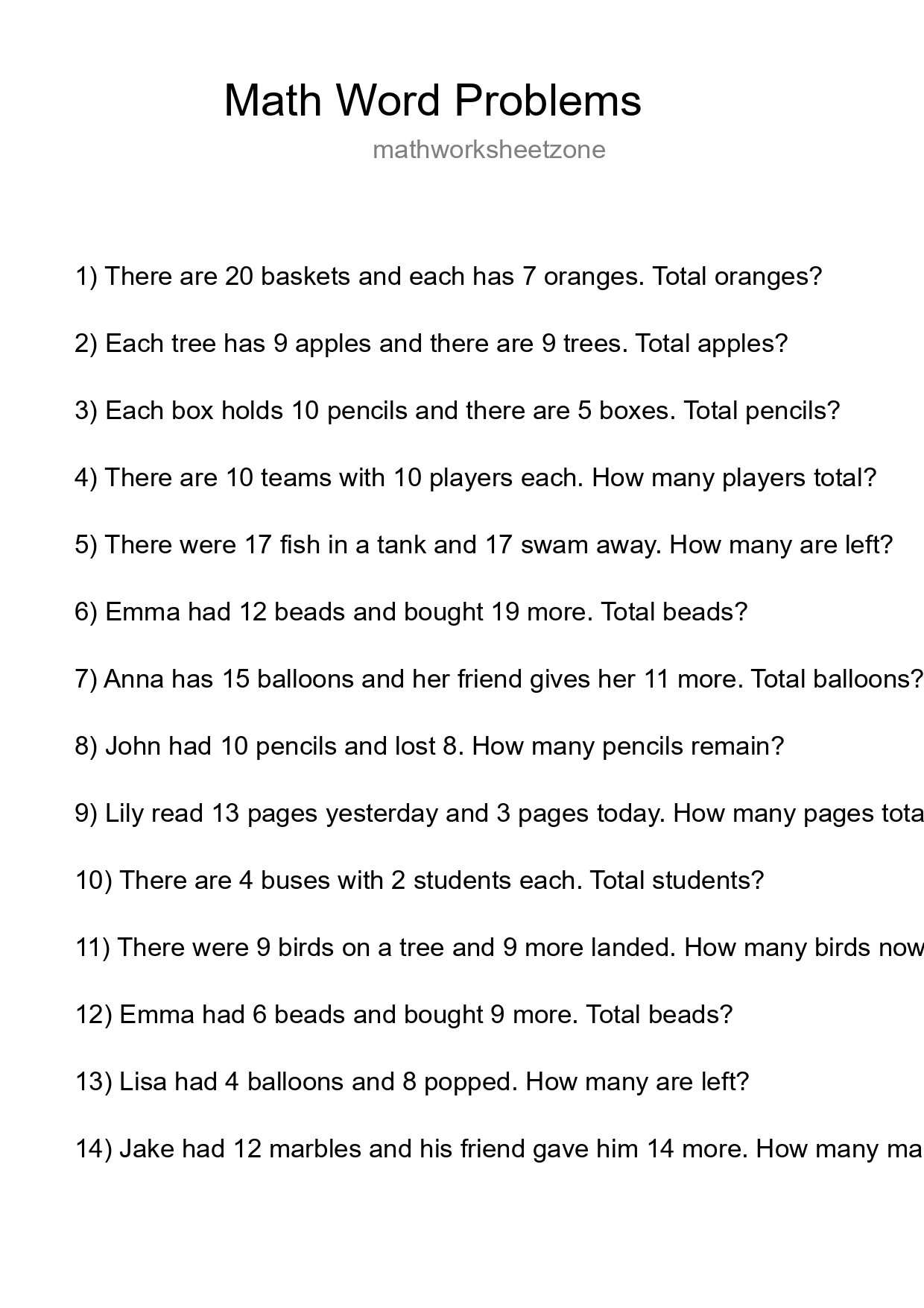 Math Word Problem Worksheet