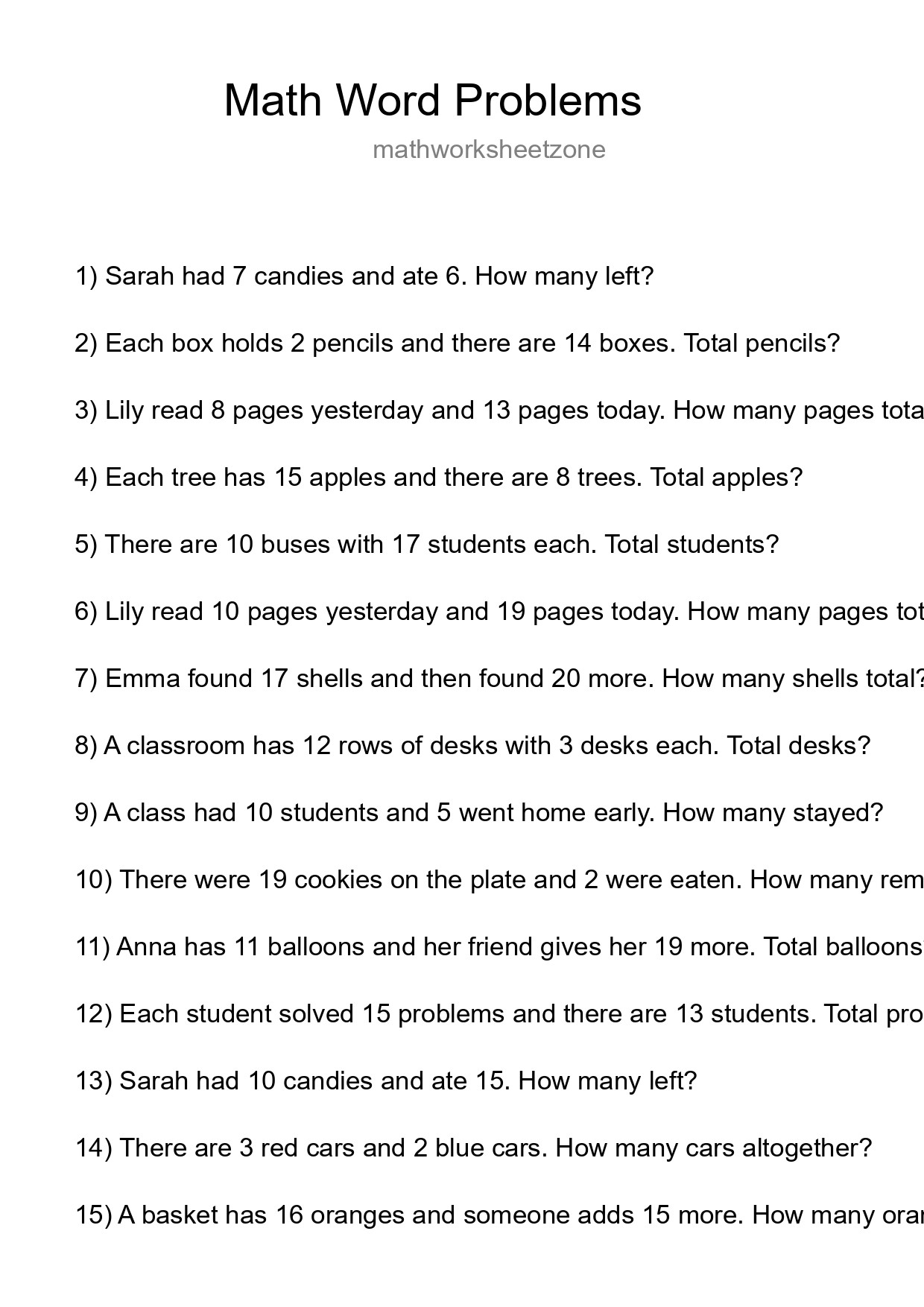 Math Word Problem Worksheet