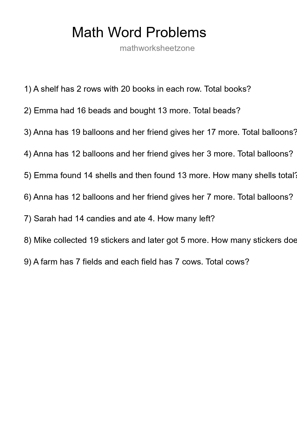 Math Word Problem Worksheet