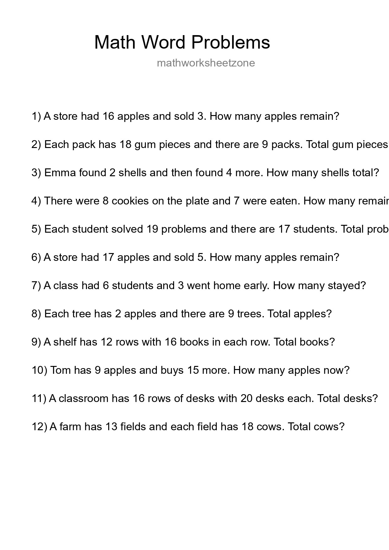 Math Word Problem Worksheet