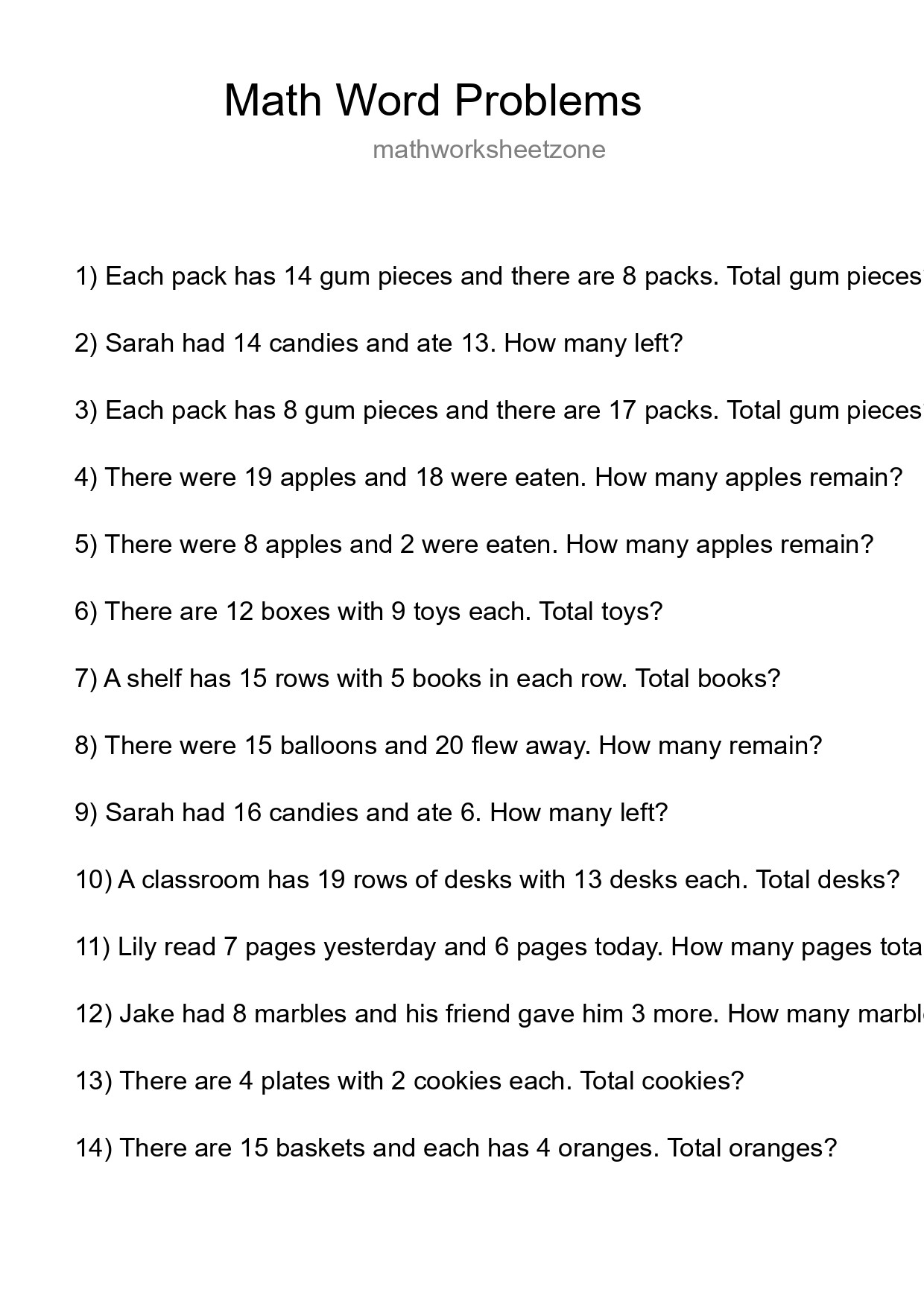Math Word Problem Worksheet