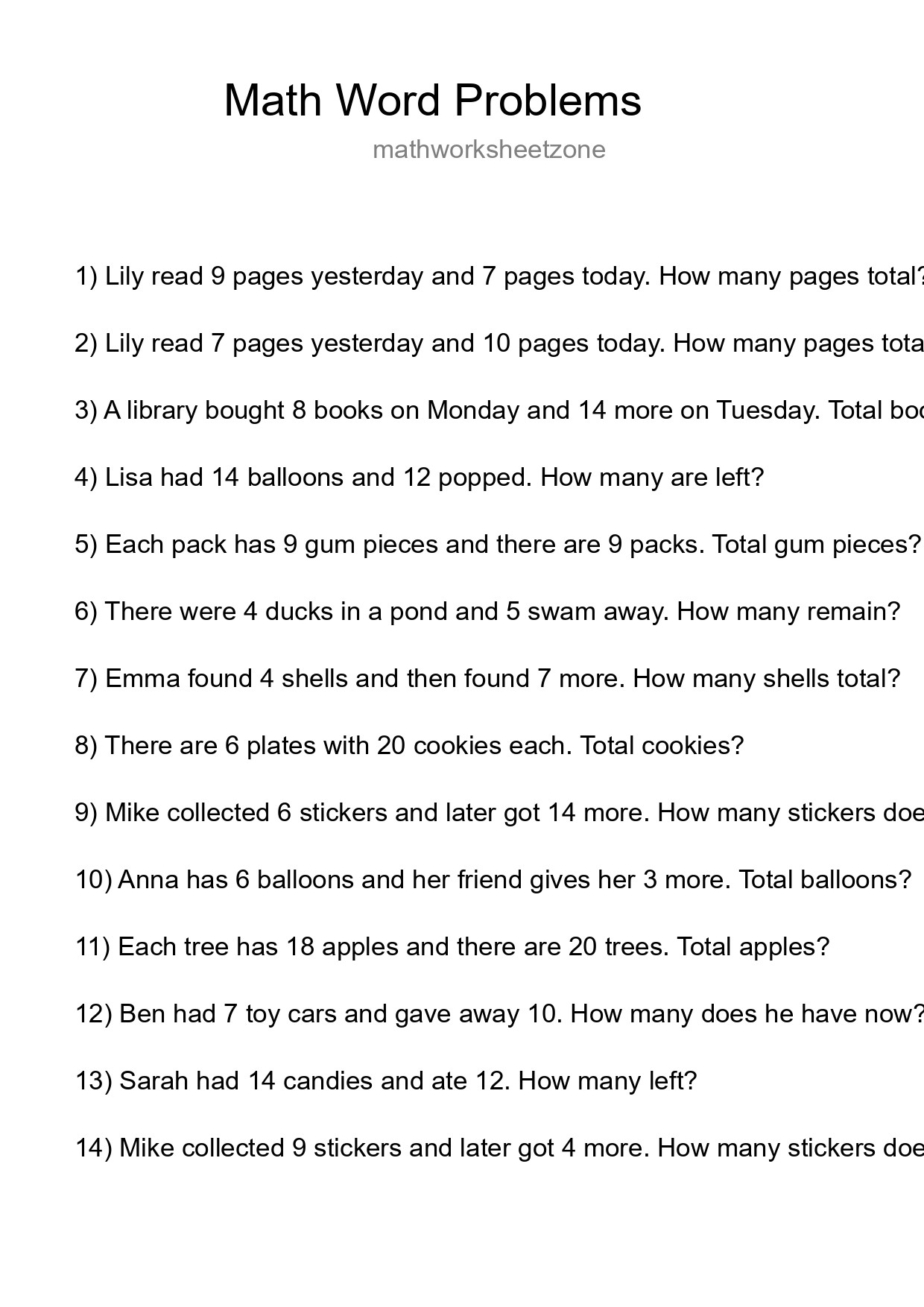 Math Word Problem Worksheet