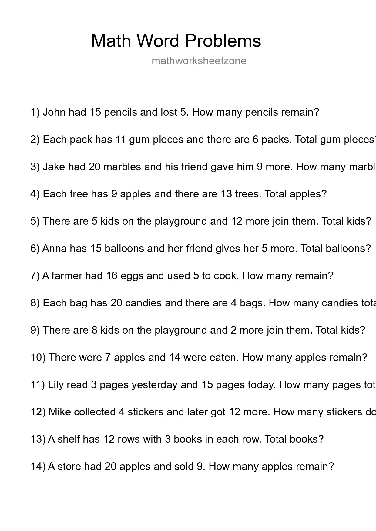 Math Word Problem Worksheet