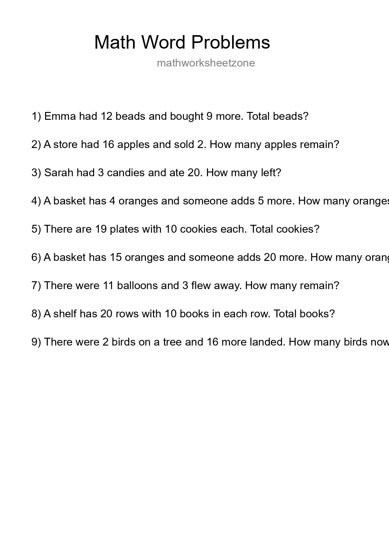 Math Word Problem Worksheet